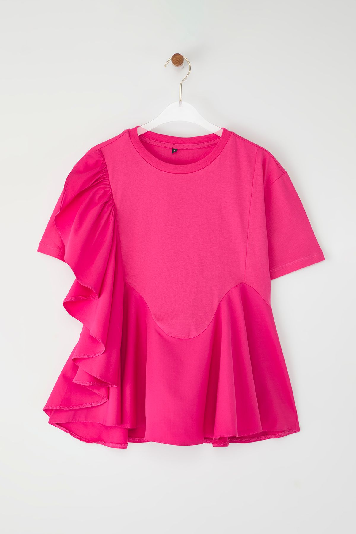 Trendyol Collection-Fuchsia Poplin Knitted Blouse - Ruffle Detail, Regular Fit Twoss25Bz00008 6