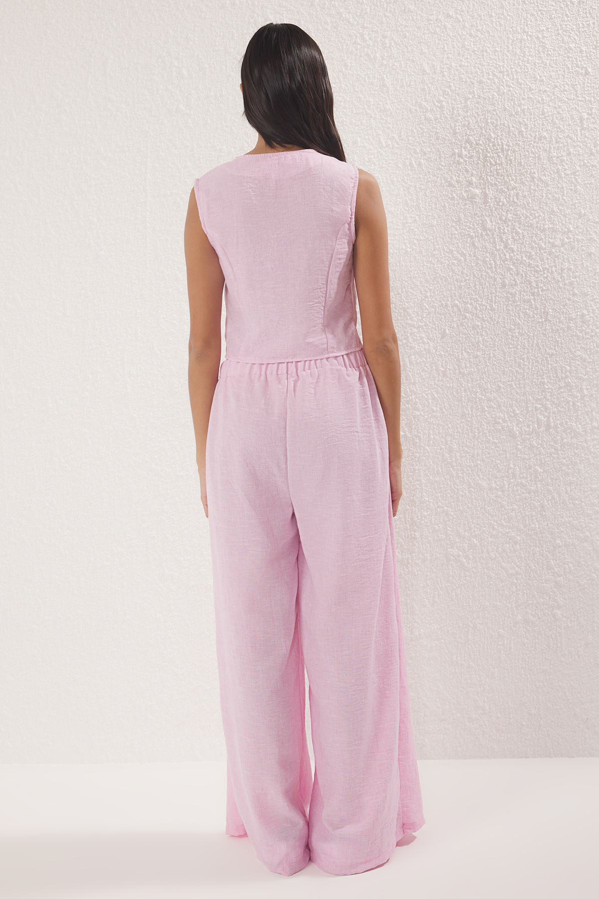 Trendyol Collection-Pink Front Tie Pants Crop Vest Linen Look Woven Bottom-Top Two-Piece Suit Twoss25Au00018 4
