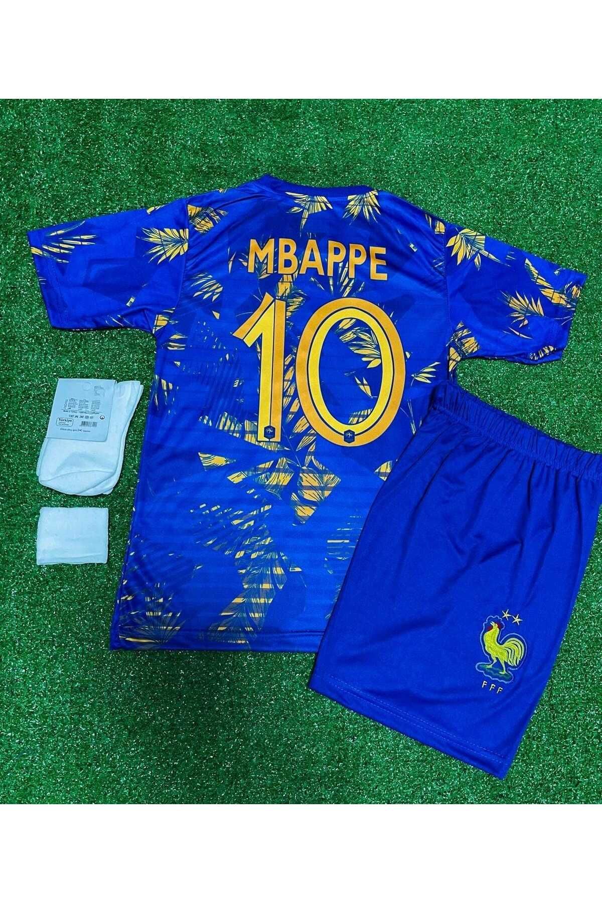 Lion Spor Fransa Mbappe Dünya Kupası Yeni Sezon 4'Lü Set Çocuk Forması Çorap+Bileklik Hediye ÇOÇUK MAVİ