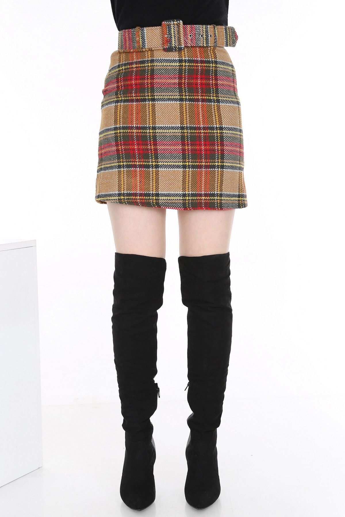 bacc-Women's Mustard Plaid Patterned Mini Skirt Bcbsk-25700-2504 6