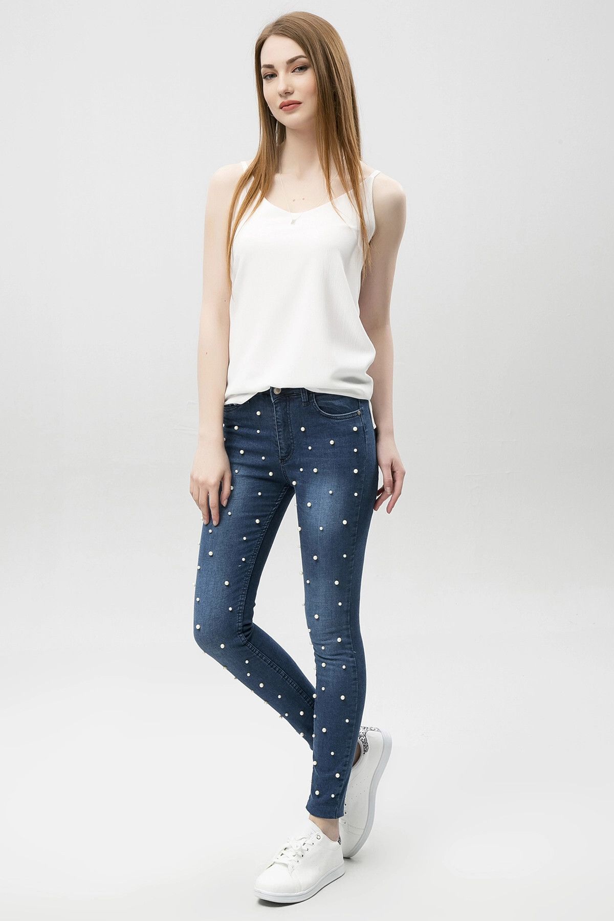 bacc Mavi Yüksek Bel Taşlı Denim Pantolon BCBSK-25753-588-02045