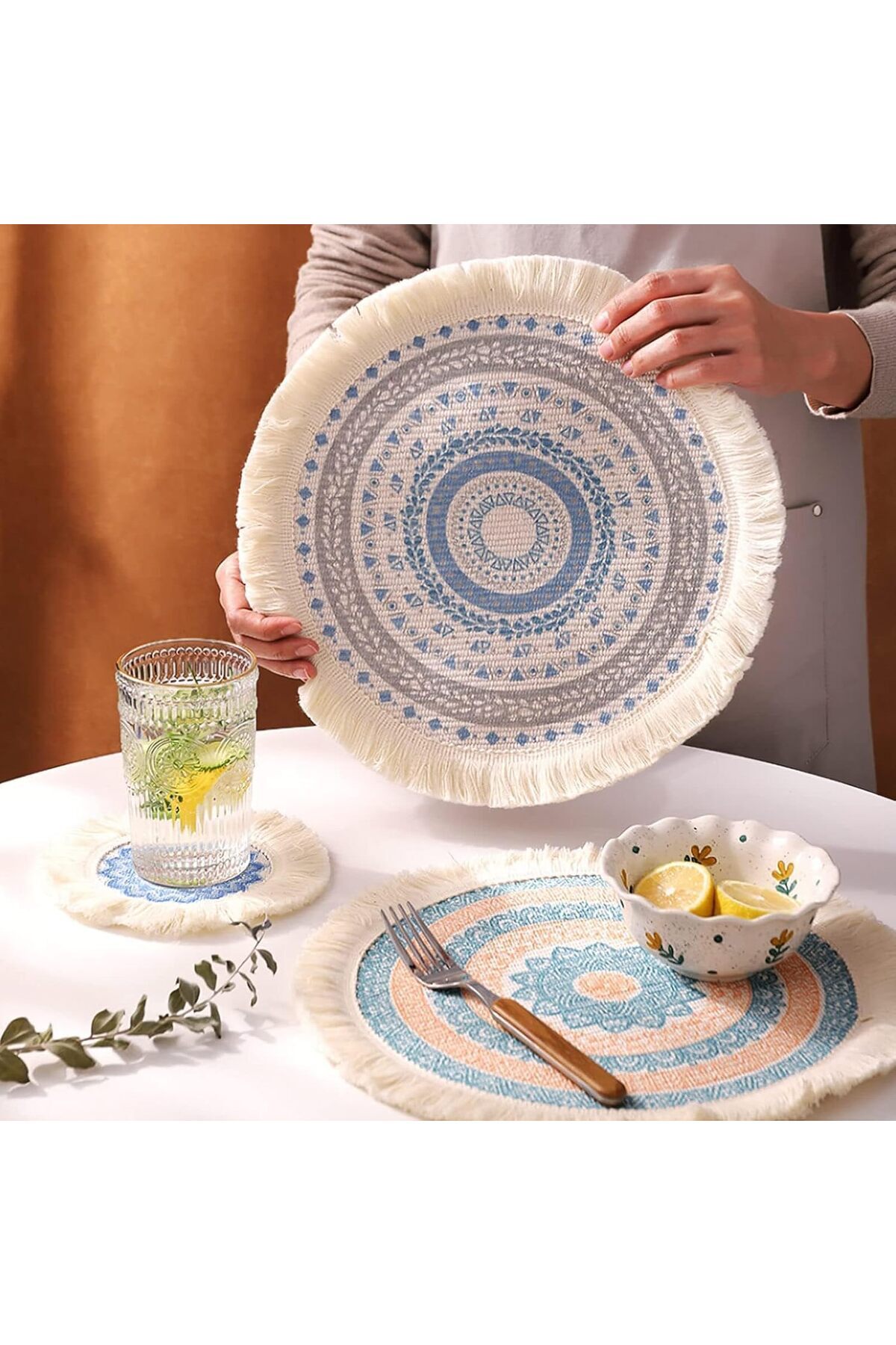 COOYA-Set of 6 Boho Style Mandala Pattern Placemats,with Tassels 13 Inch Rope Braided Place Mats Woven 5