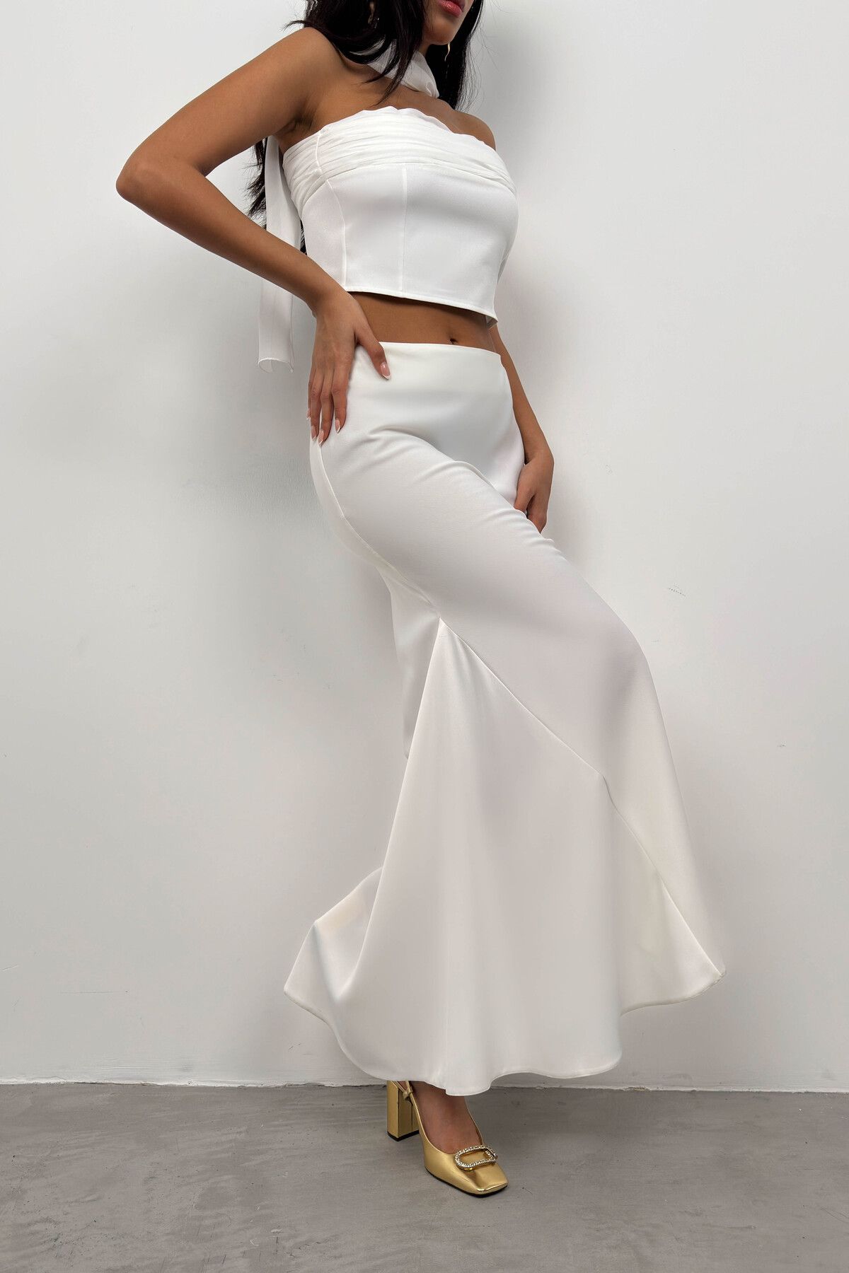 Black Fashion-Ecru Satin Maxi Skirt 5