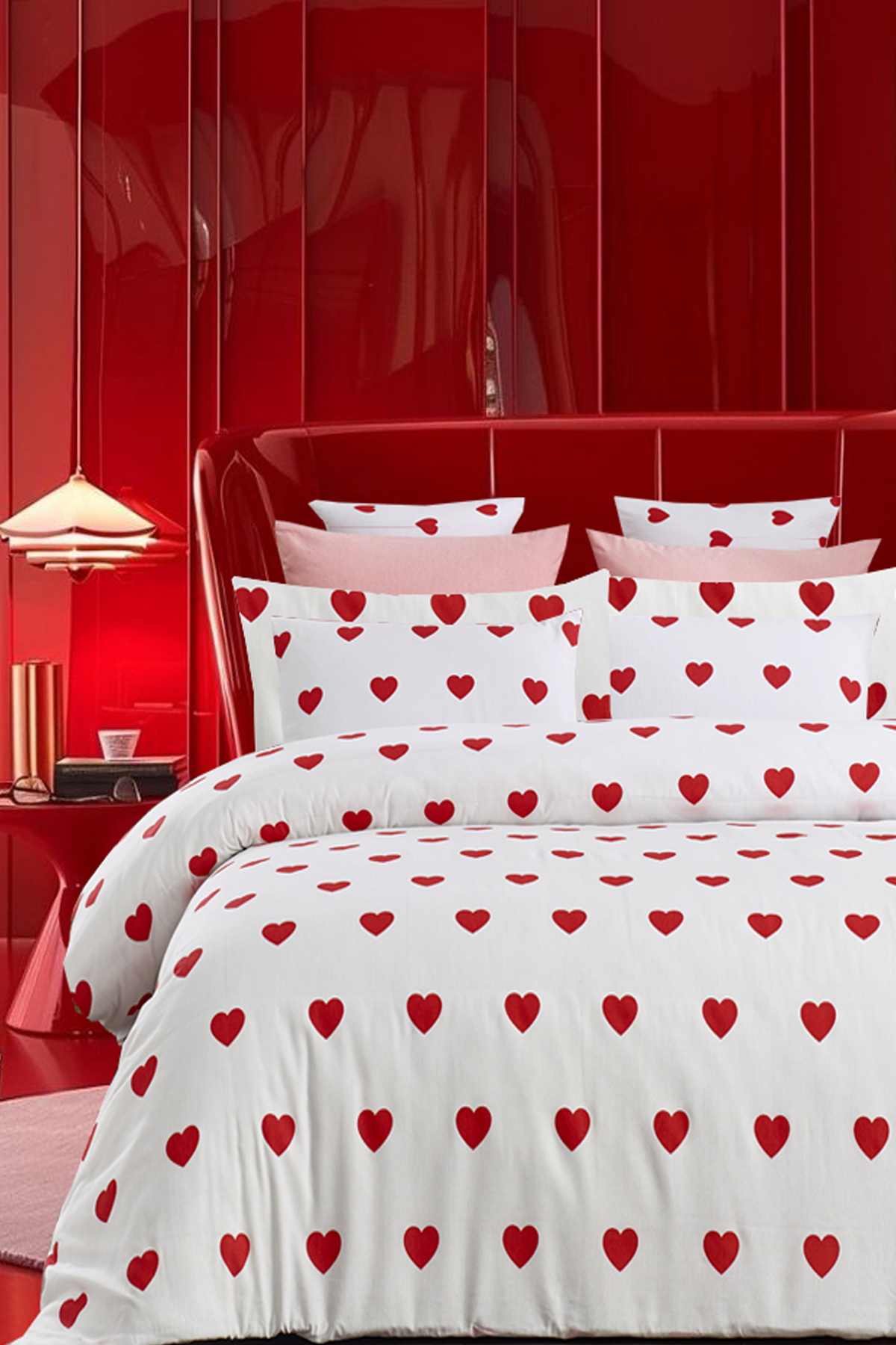 İQON Lastikli Çarşaflı Nevresim Takımı Tek Kişilik Kalpler Minik Kırmızı fotoğrafı 2 (önizleme)
