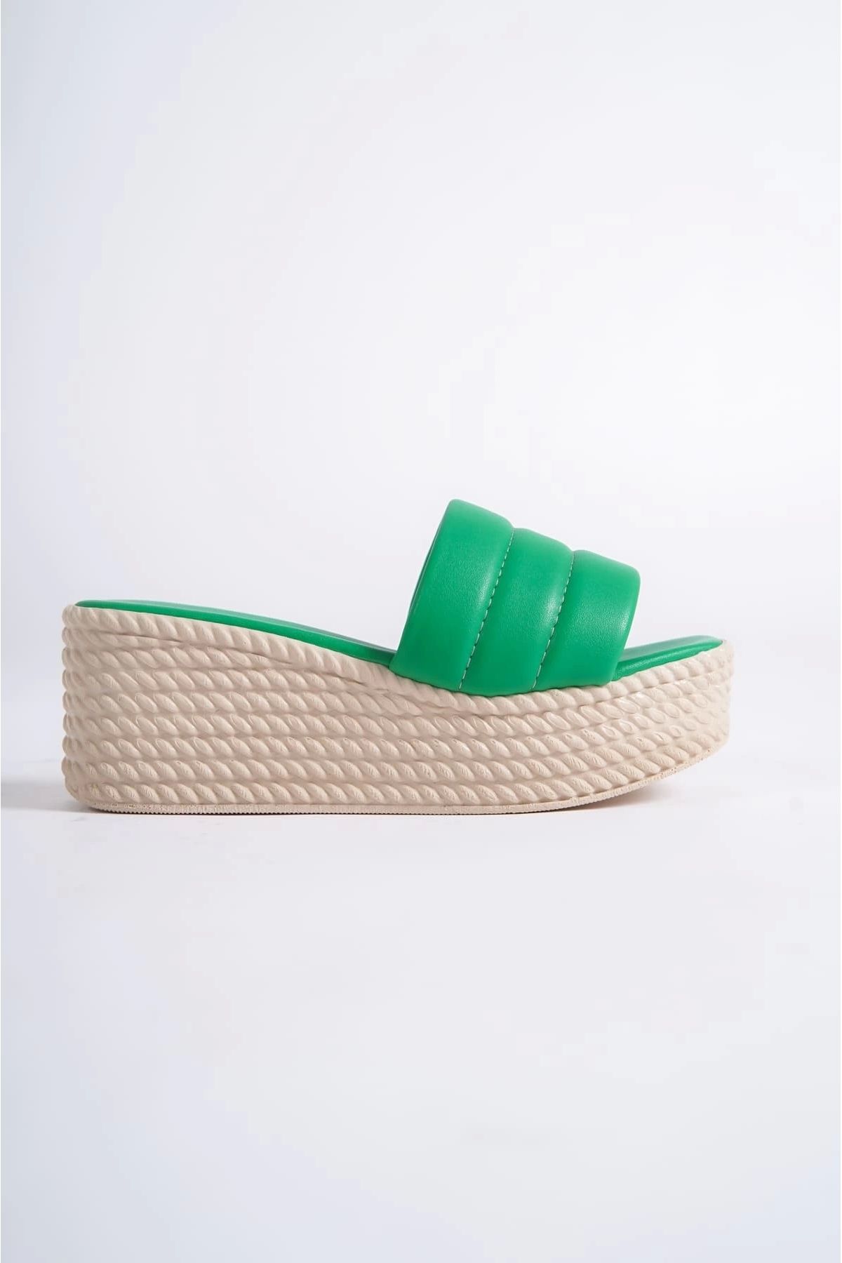 TB Terzi Bey-Reına Wedge Heeled Orthopedic Sole Straw Look Women's Slippers Kt - Green 6
