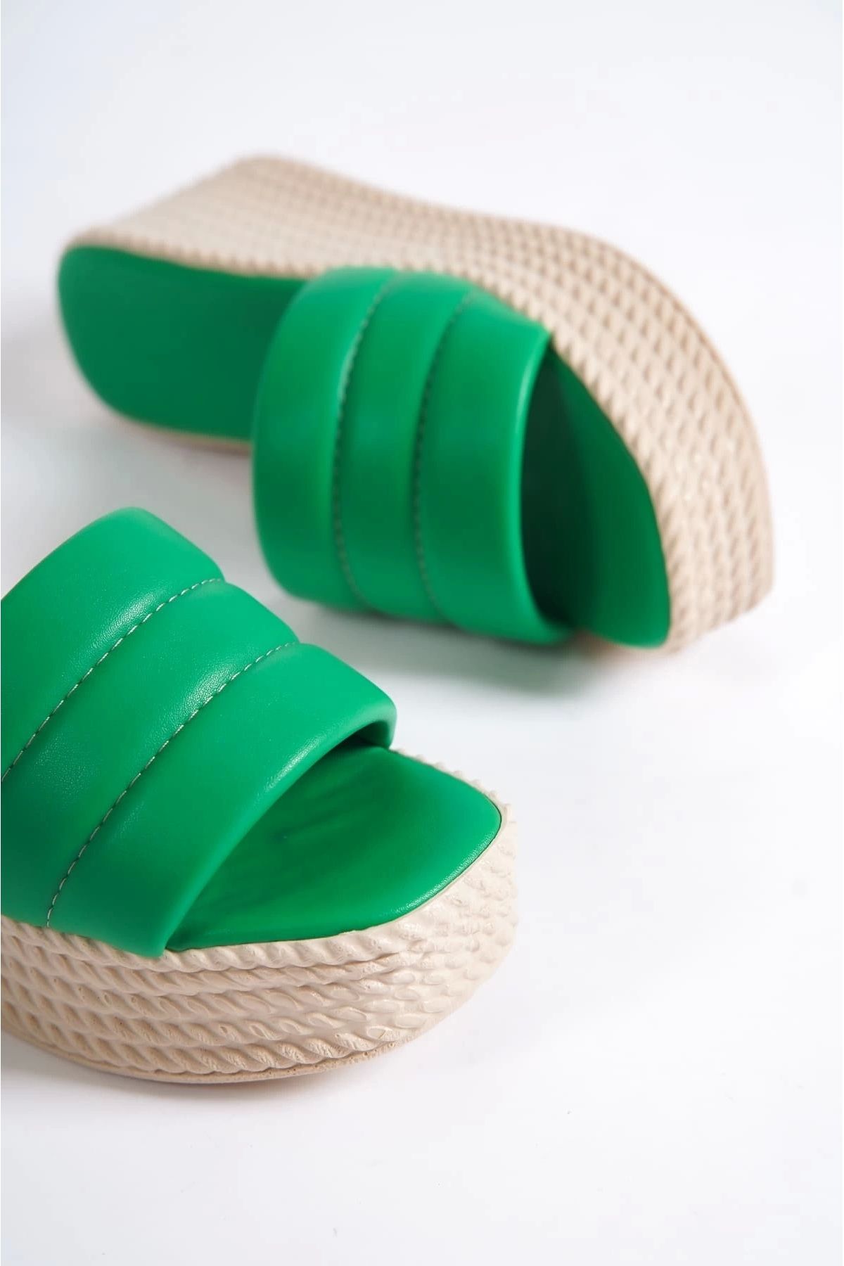 TB Terzi Bey-Reına Wedge Heeled Orthopedic Sole Straw Look Women's Slippers Kt - Green 5