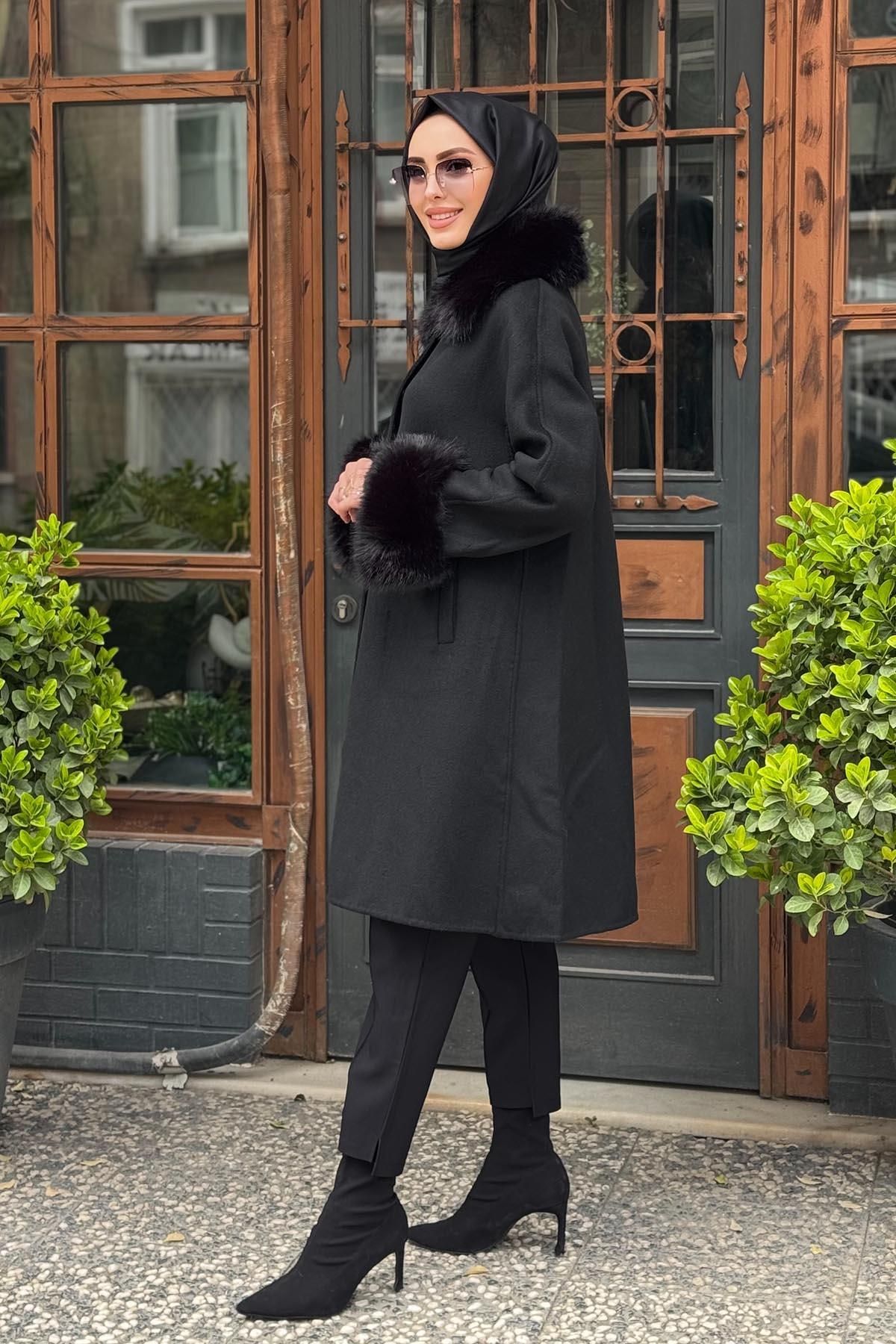 Kayra-Premium Fur Detailed Coat Ka-A23-17026 Black 2
