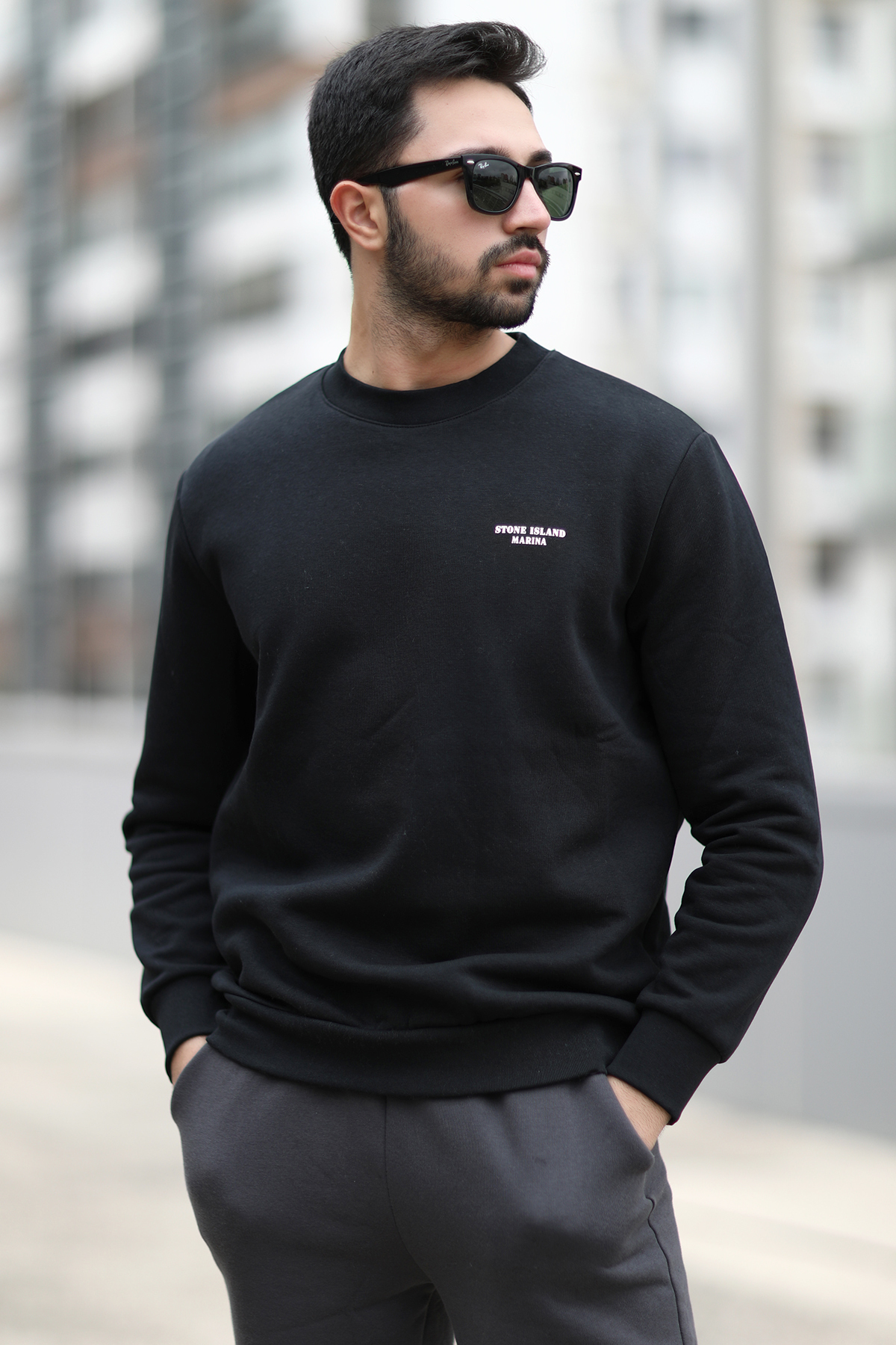 JB John Borners Erkek Kışlık Sweatshirt Siyah Üç İplik Şardonlu O Yaka Ribanalı Regularfit Baskılı - 5012-1-1 görsel 3