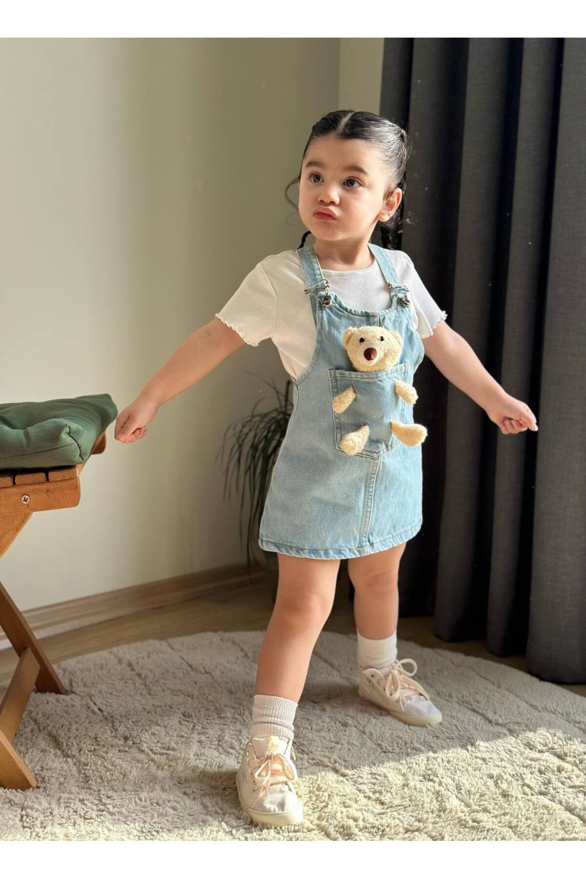 BOYBOY Kız Çocuk Ayarlanabilir Askılı Ayıcıklı Kot Jile fotoğrafı 5 (önizleme)