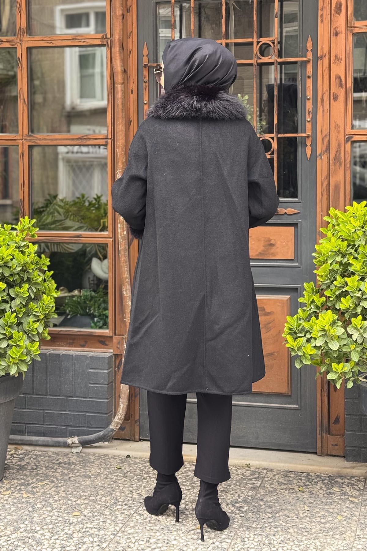 Kayra-Premium Fur Detailed Coat Ka-A23-17026 Black 4