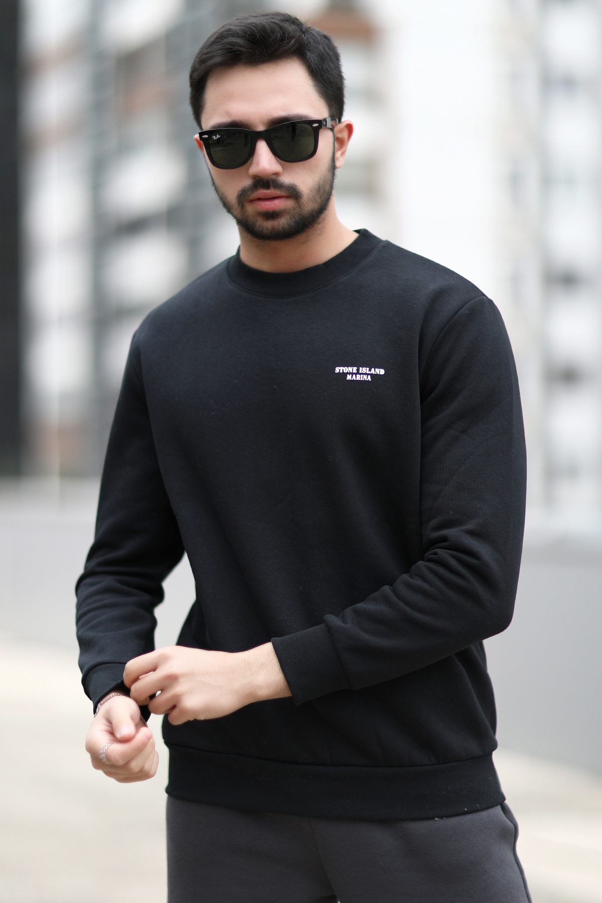 JB John Borners Erkek Kışlık Sweatshirt Siyah Üç İplik Şardonlu O Yaka Ribanalı Regularfit Baskılı - 5012-1-1 görsel 5