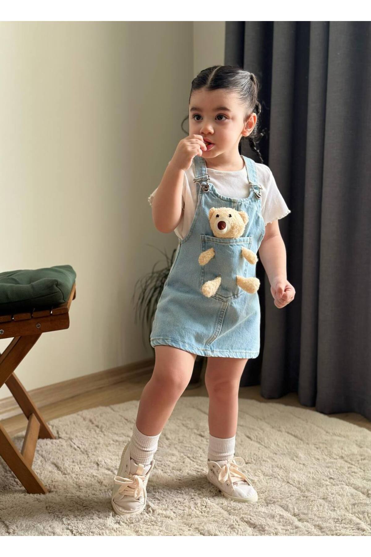 BOYBOY Kız Çocuk Ayarlanabilir Askılı Ayıcıklı Kot Jile fotoğrafı 2 (önizleme)