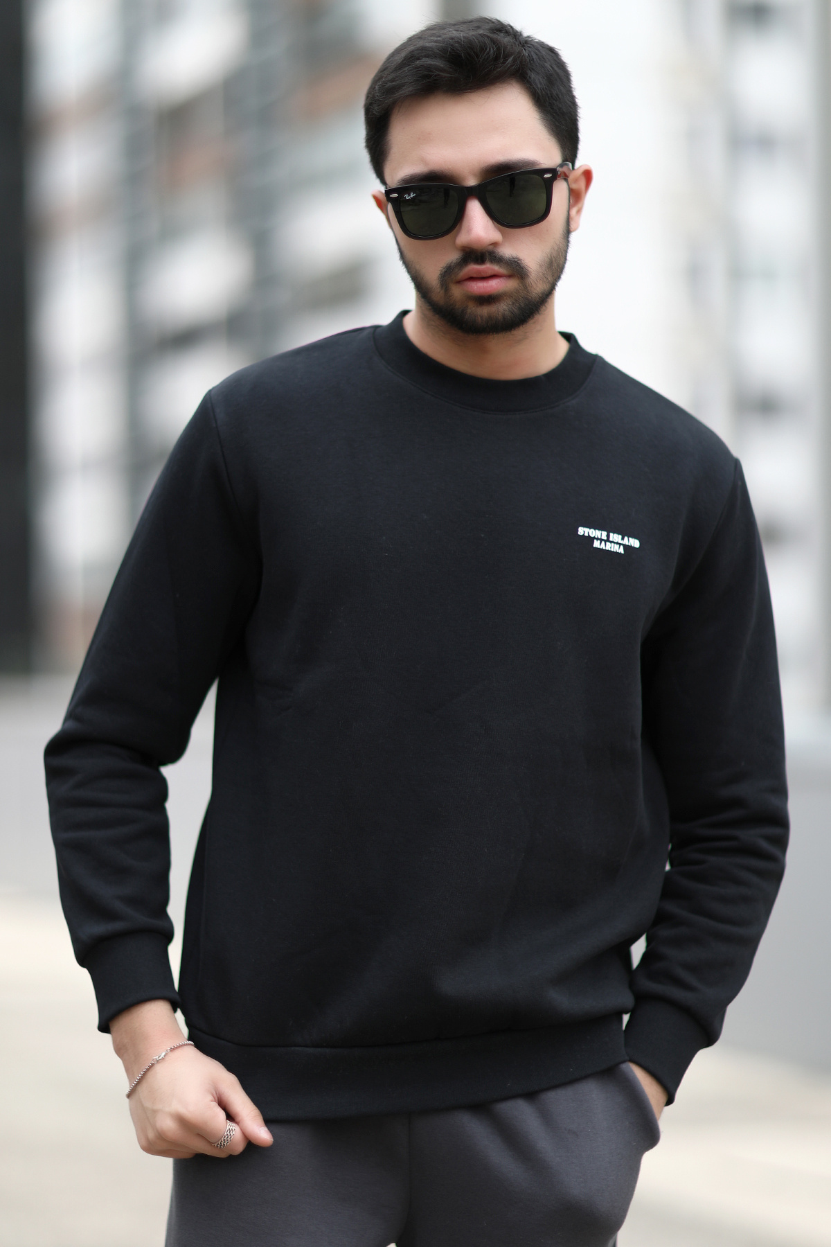 JB John Borners Erkek Kışlık Sweatshirt Siyah Üç İplik Şardonlu O Yaka Ribanalı Regularfit Baskılı - 5012-1-1 görsel 4