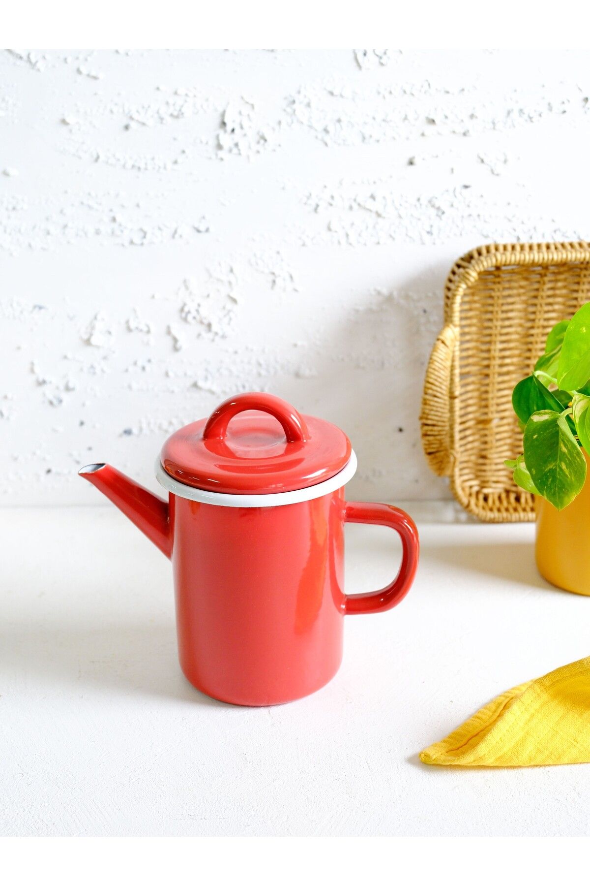 Elifle Emaye Silindir Demlik 850 ml Kırmızı Çay Kahve Demlik