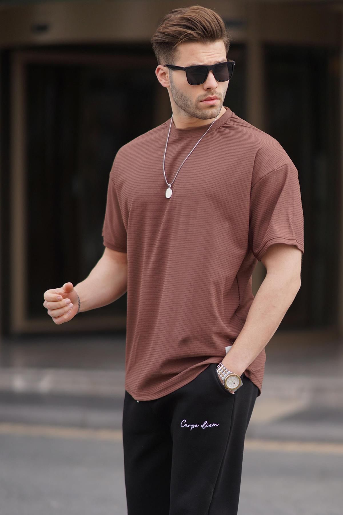 Madmext Brązowa Koszulka Męska Basic Oversize Mężczyzna - S