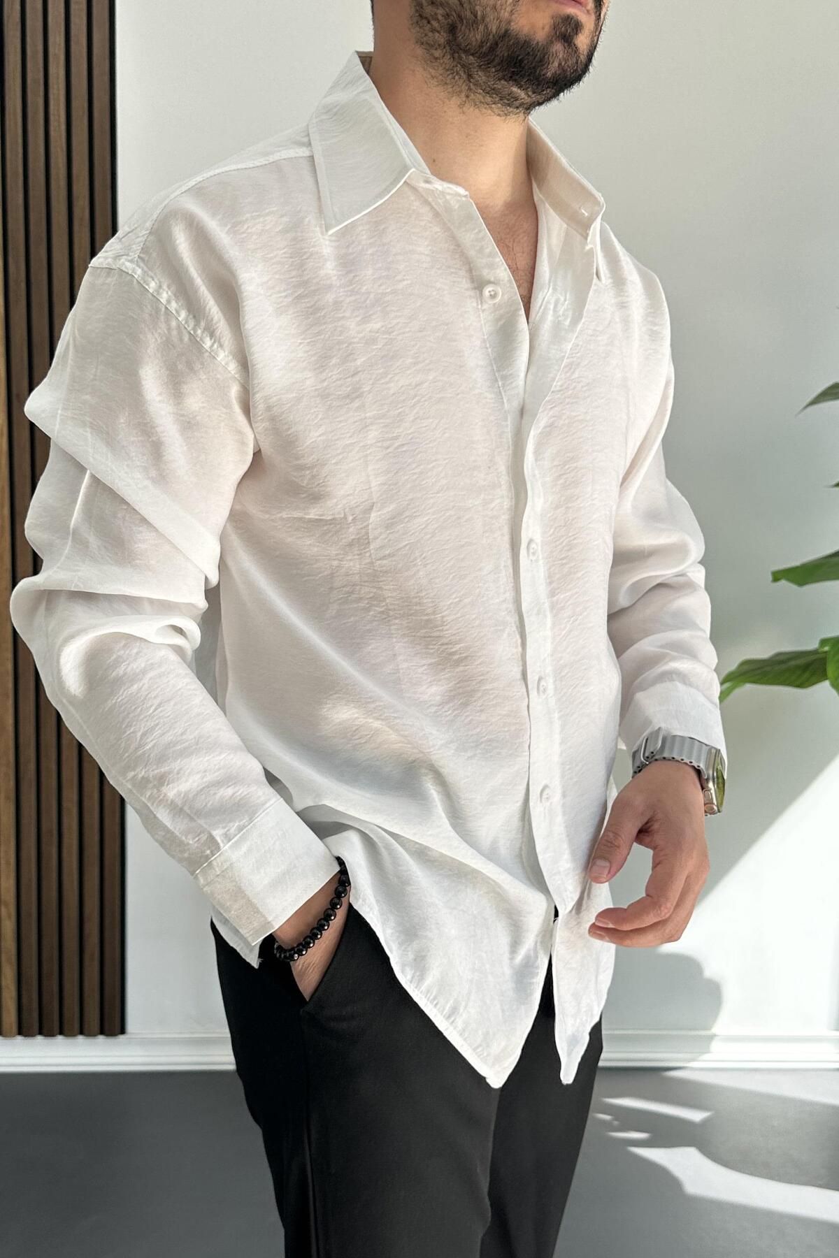 Edwox-Men's Loose Modal Fabric Shirt White Edw267 3