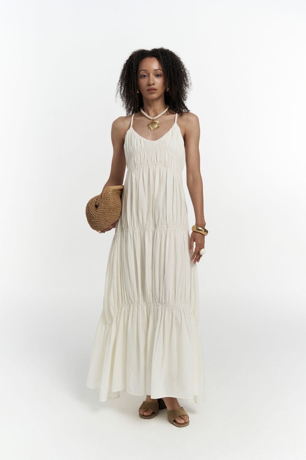 MAİ COLLECTİON-Dozza Strappy Ecru Long Dress 6