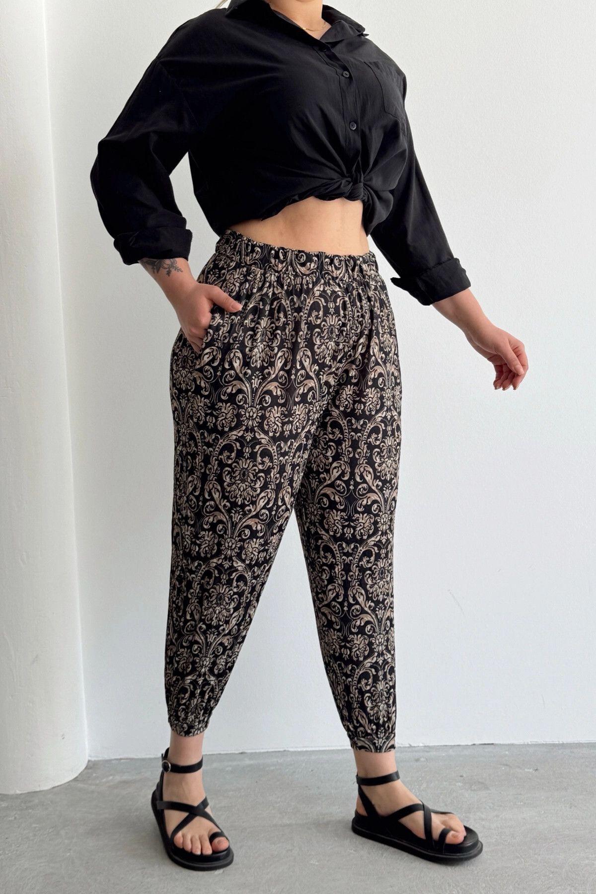 Stil Diva-Large Size Patterned Shalwar Trousers with Elastic Waist and Legs and Pockets 74-75 6