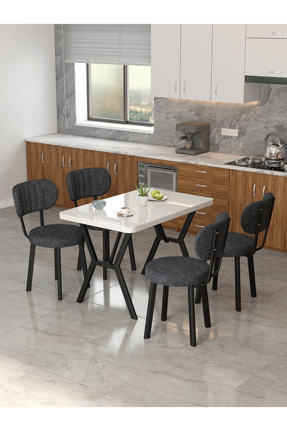 Mygusi Azra 70x110cm Beyaz Mutfak Masası, Mutfak Masası Takımı, Yemek Masası, 4 Antrasit Sandalye