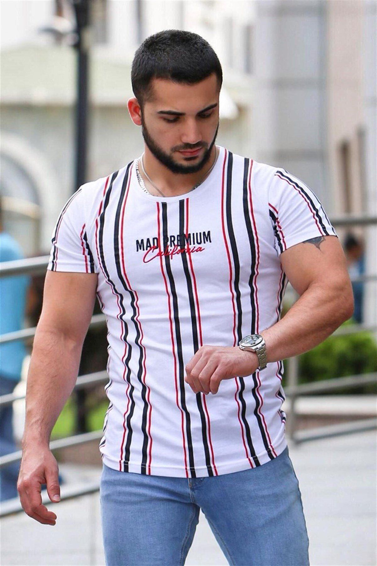 Madmext-Tricou alb cu linie imprimată Mad4048 1