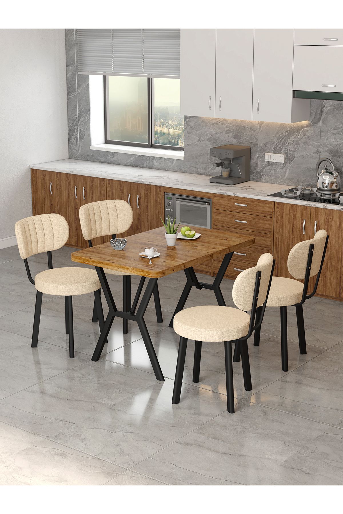 Mygusi Azra 70x110cm Atlantik Mutfak Masası, Mutfak Masası Takımı, Yemek Masası, 4 Krem Sandalye