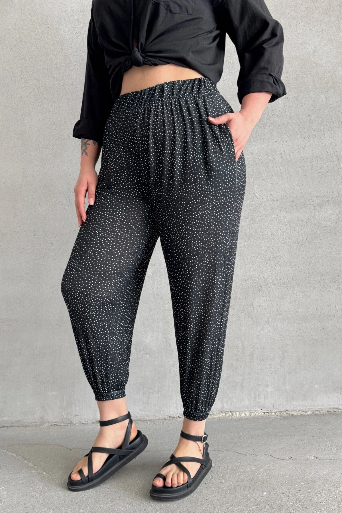 Stil Diva-Large Size Patterned Shalwar Trousers with Elastic Waist and Legs with Pockets 74-73 6