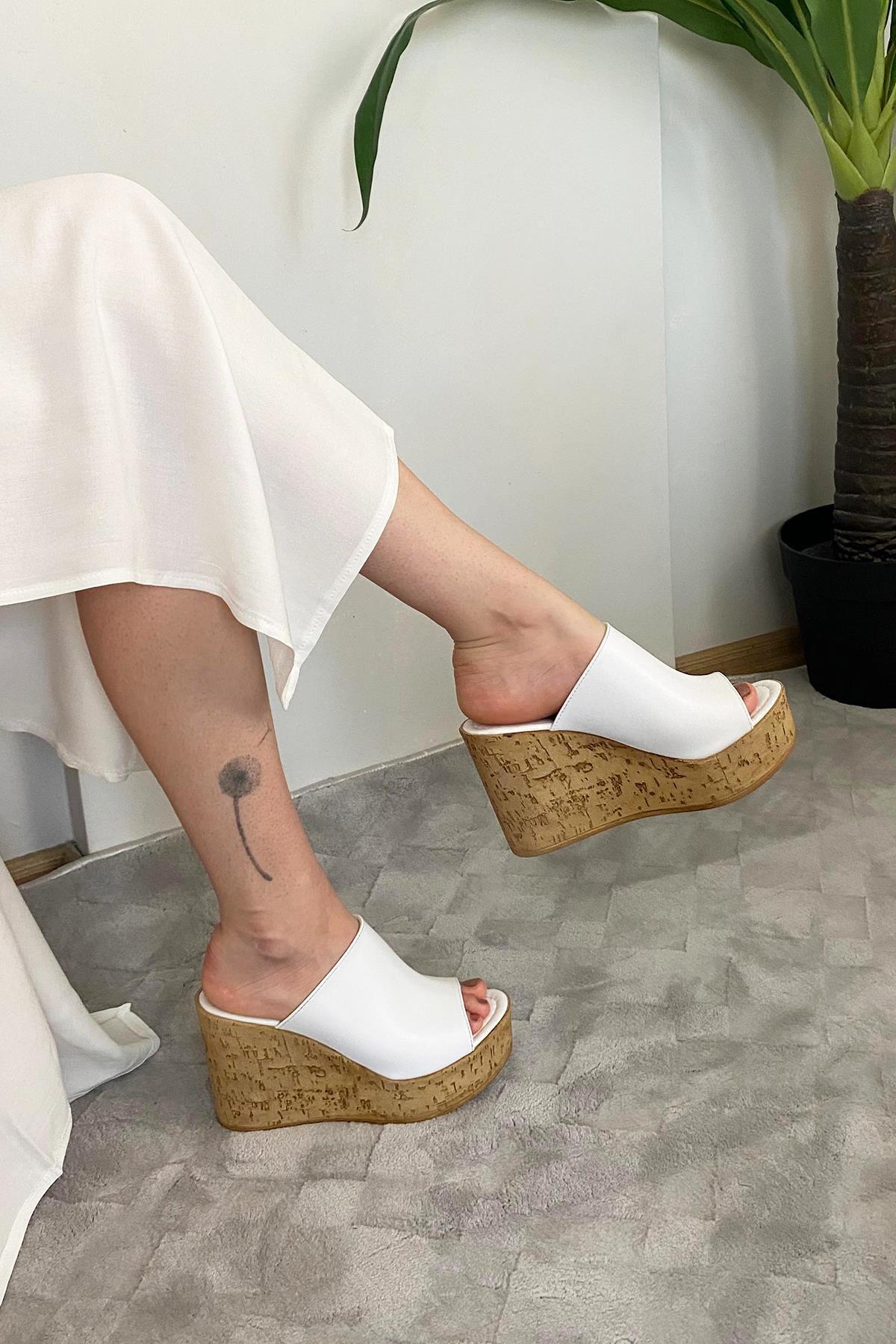 Preshley-Women's Holi White 10 cm Tolga Cork Sole Slippers K-920 3