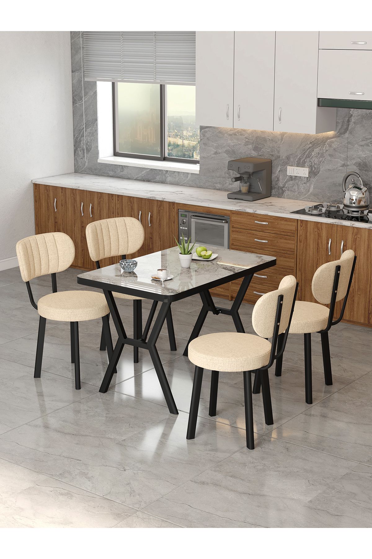 Mygusi Azra 70x110cm Efes Mutfak Masası, Mutfak Masası Takımı, Yemek Masası, 4 Krem Sandalye