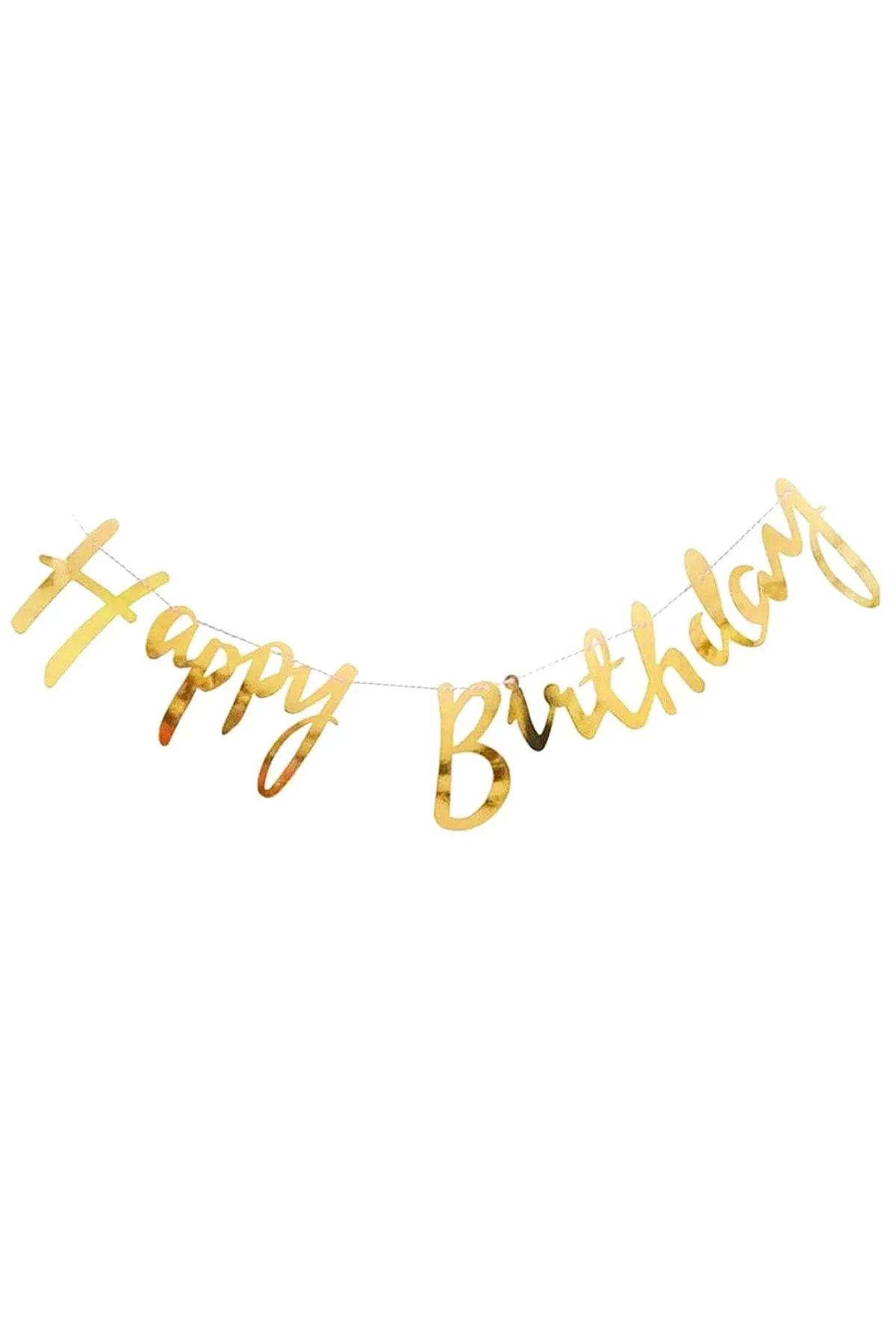 Parti Zamanı Gold Happy Birthday Italik Yazı Parlak Süs