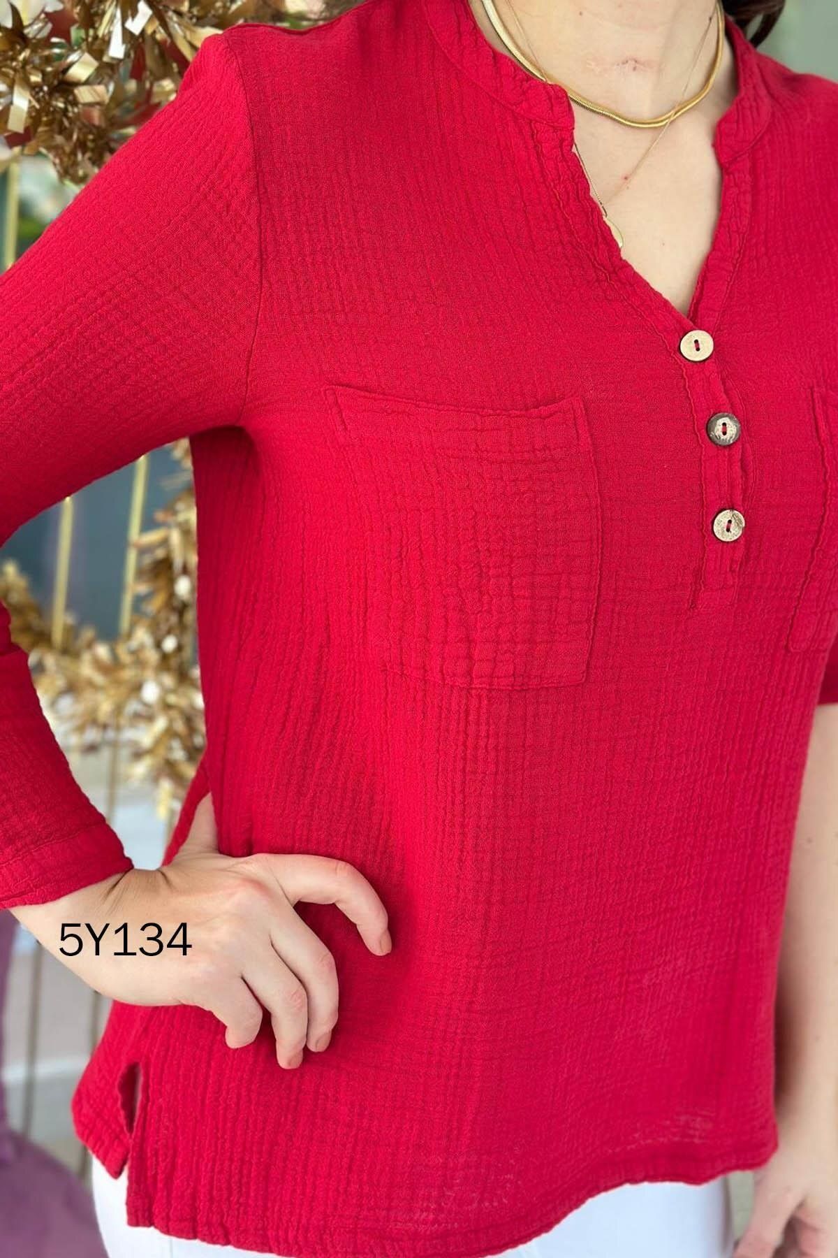 İnce Topuk-Buttoned Cotton Muslin Fabric Blouse 5Y134 4