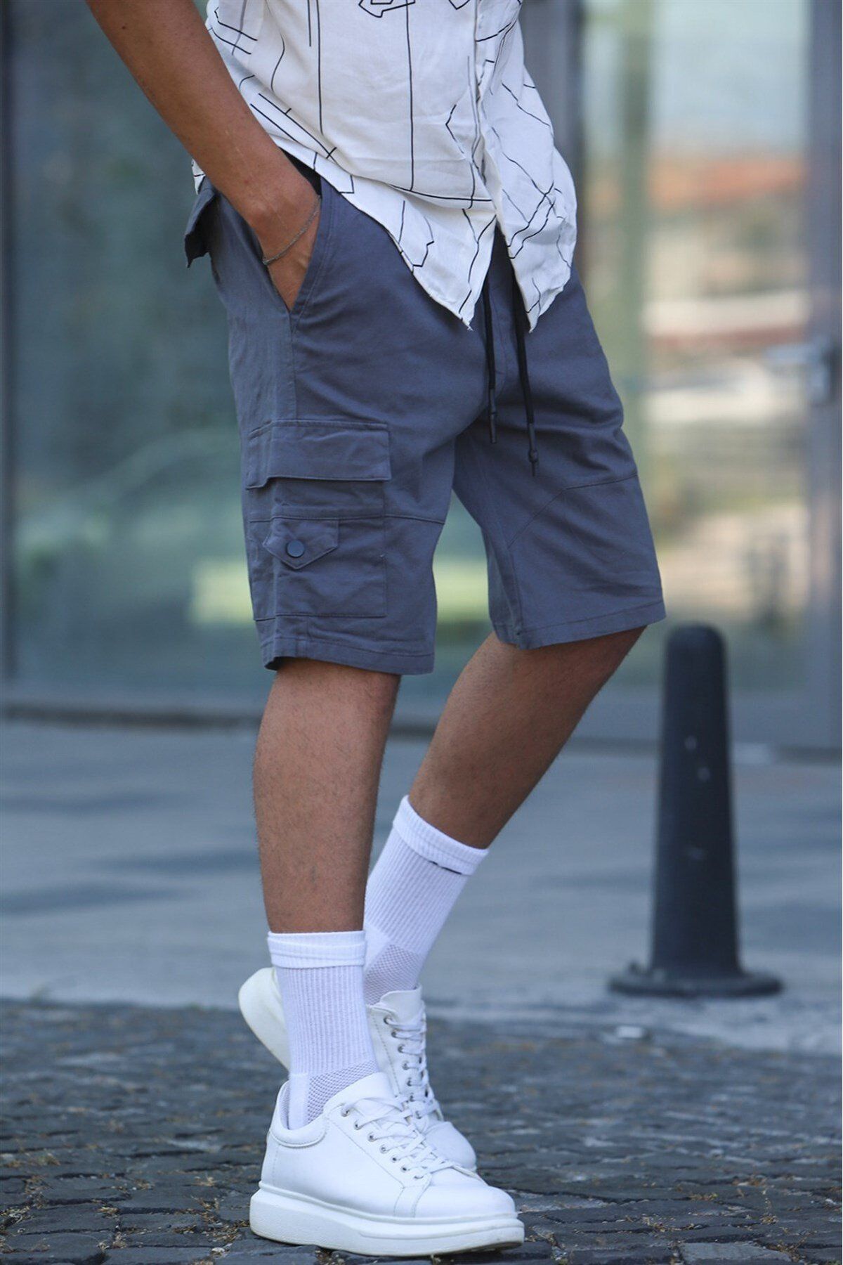 Madmext Pantaloni Scurți Capri Pentru Bărbați Cu Buzunar Cargo Afumat Masculin - L