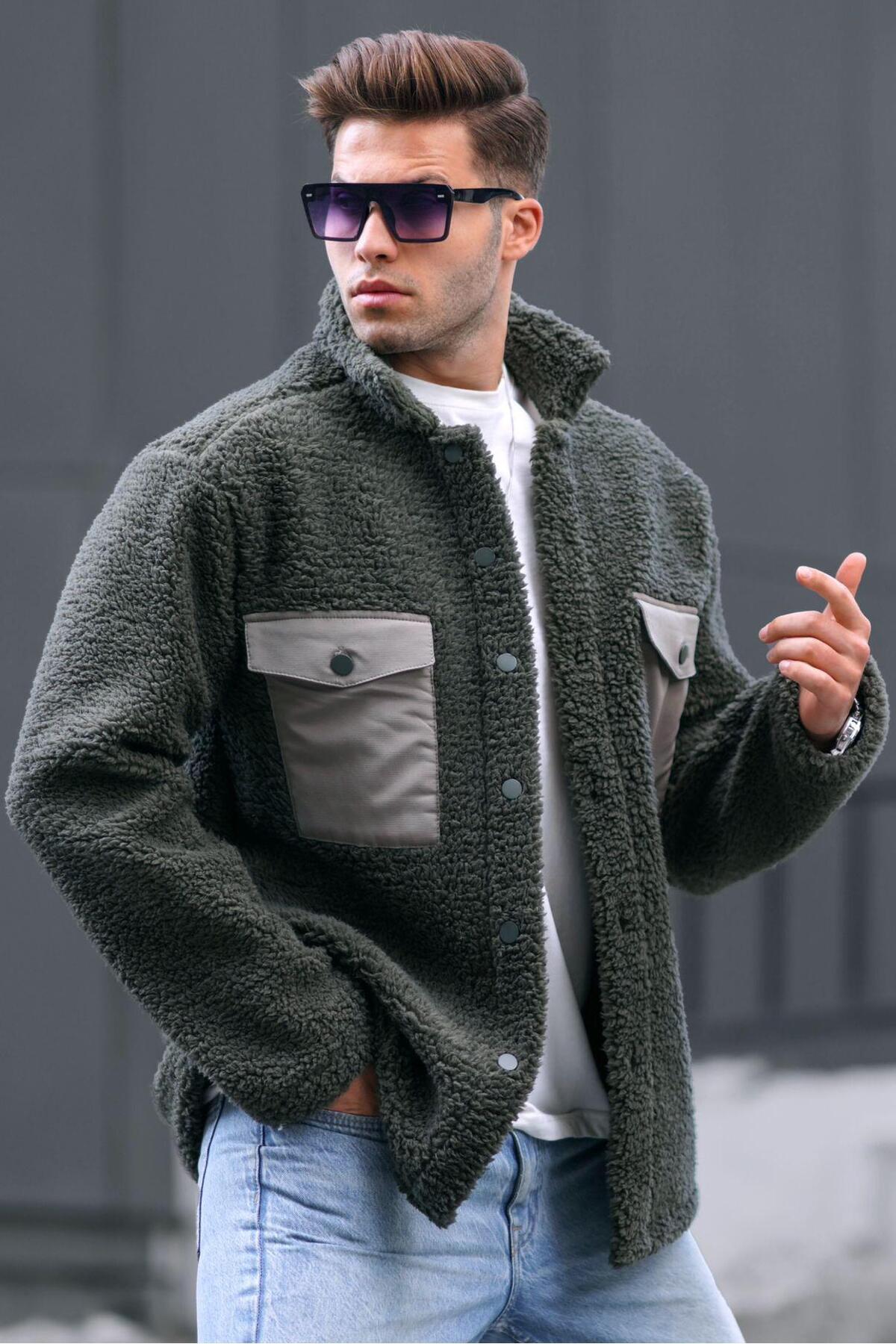 Madmext-Khakifarbene Plüschjacke mit Taschendetail 6720 2