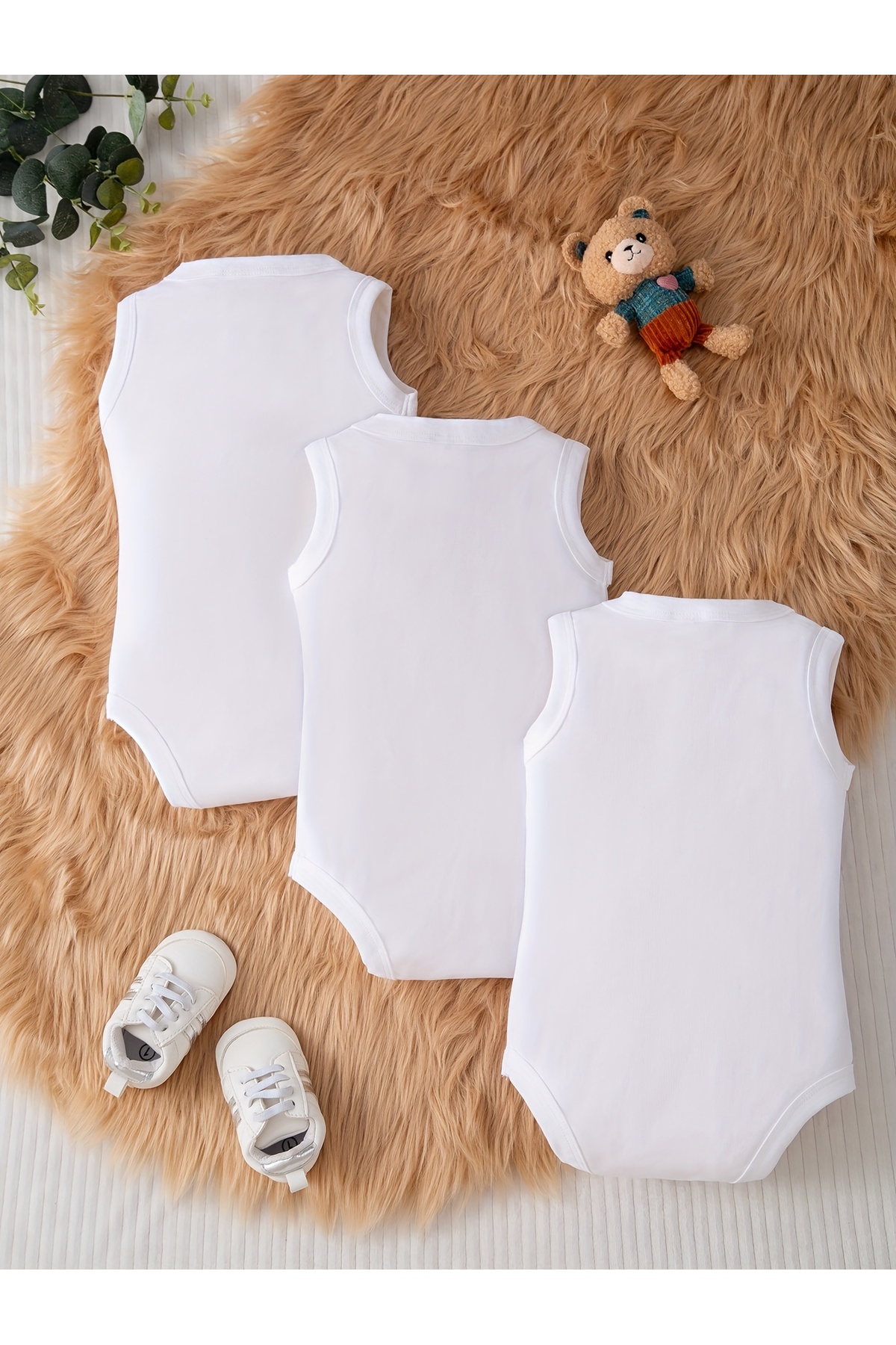 Lindakids % 100 Organik Pamuk 3'lü Ribana Beyaz Düz Kumaş Çıtçıtlı Bebek Atlet Body/Zıbın fotoğrafı 2 (önizleme)