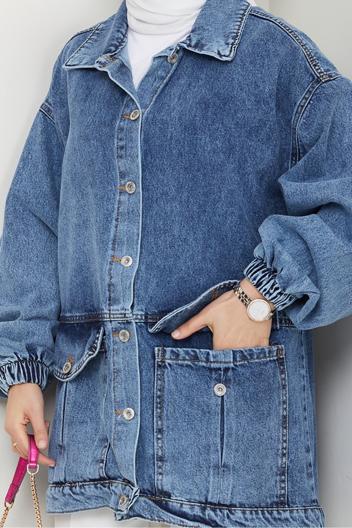 Bestenur-Oversize Denim Jacket with Bag Pocket 1442 - Light Blue 5