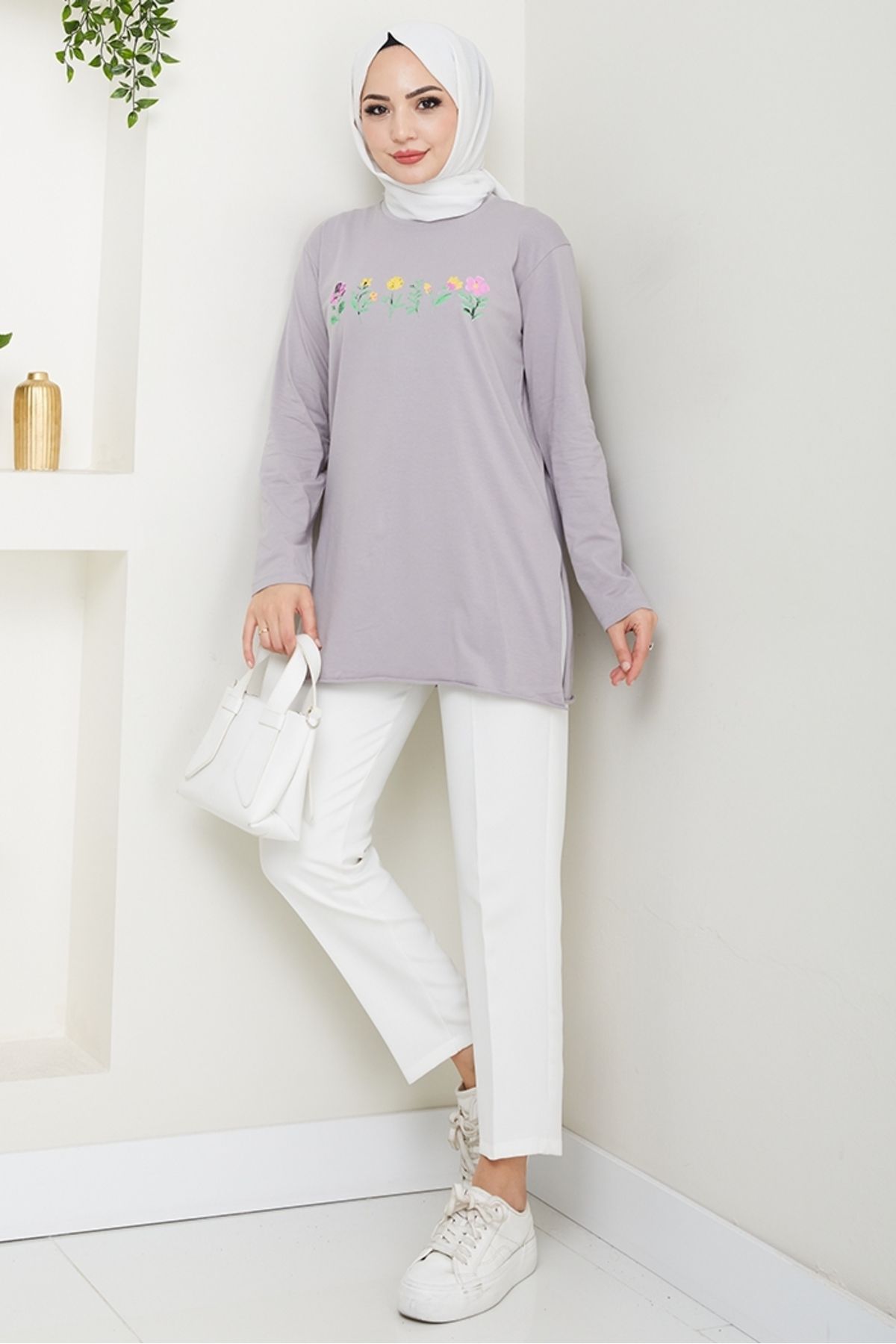 Bestenur-Flower Pattern Hijab Tunic 1425 - Stone 4