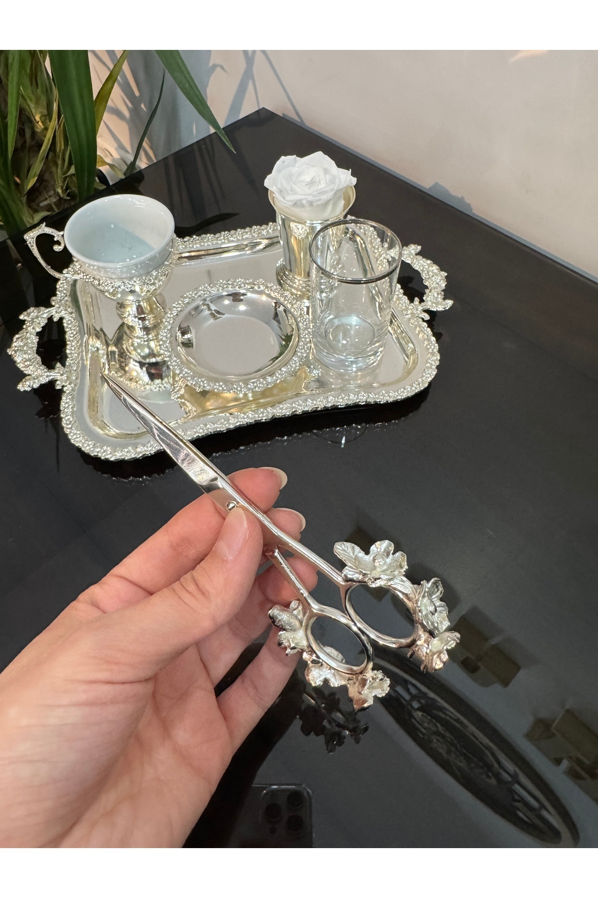 Santara-Avangarde Silver Plated Rose Bordured Groom Coffee Set & Promise Engagement Set & Scissors 8