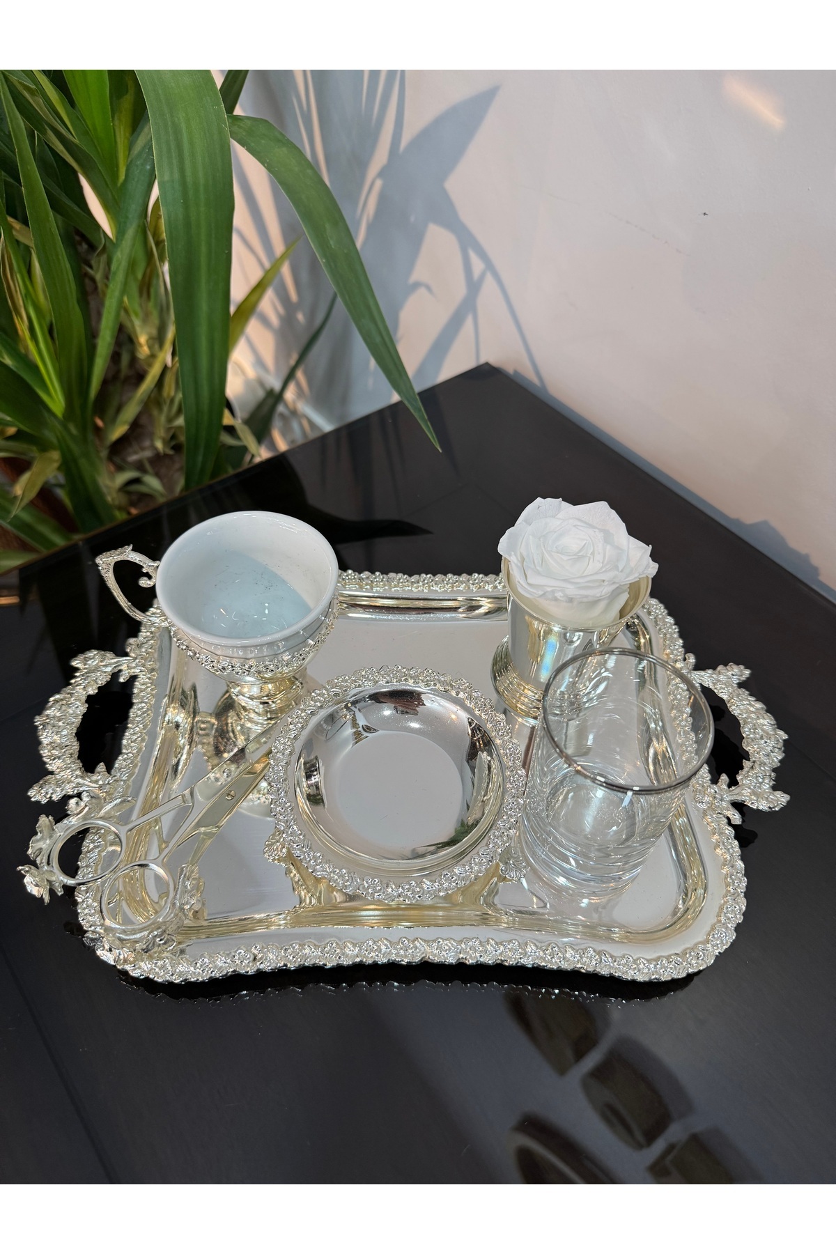 Santara-Avangarde Silver Plated Rose Bordured Groom Coffee Set & Promise Engagement Set & Scissors 4