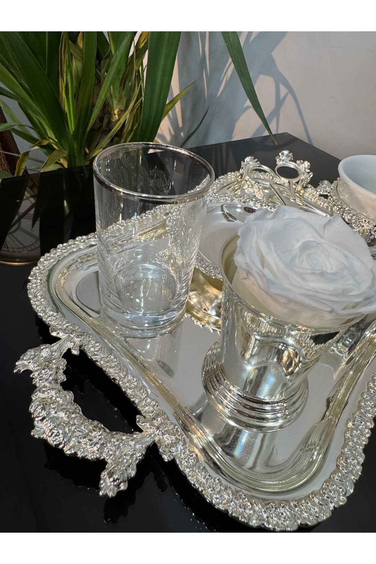 Santara-Avangarde Silver Plated Rose Bordured Groom Coffee Set & Promise Engagement Set & Scissors 7
