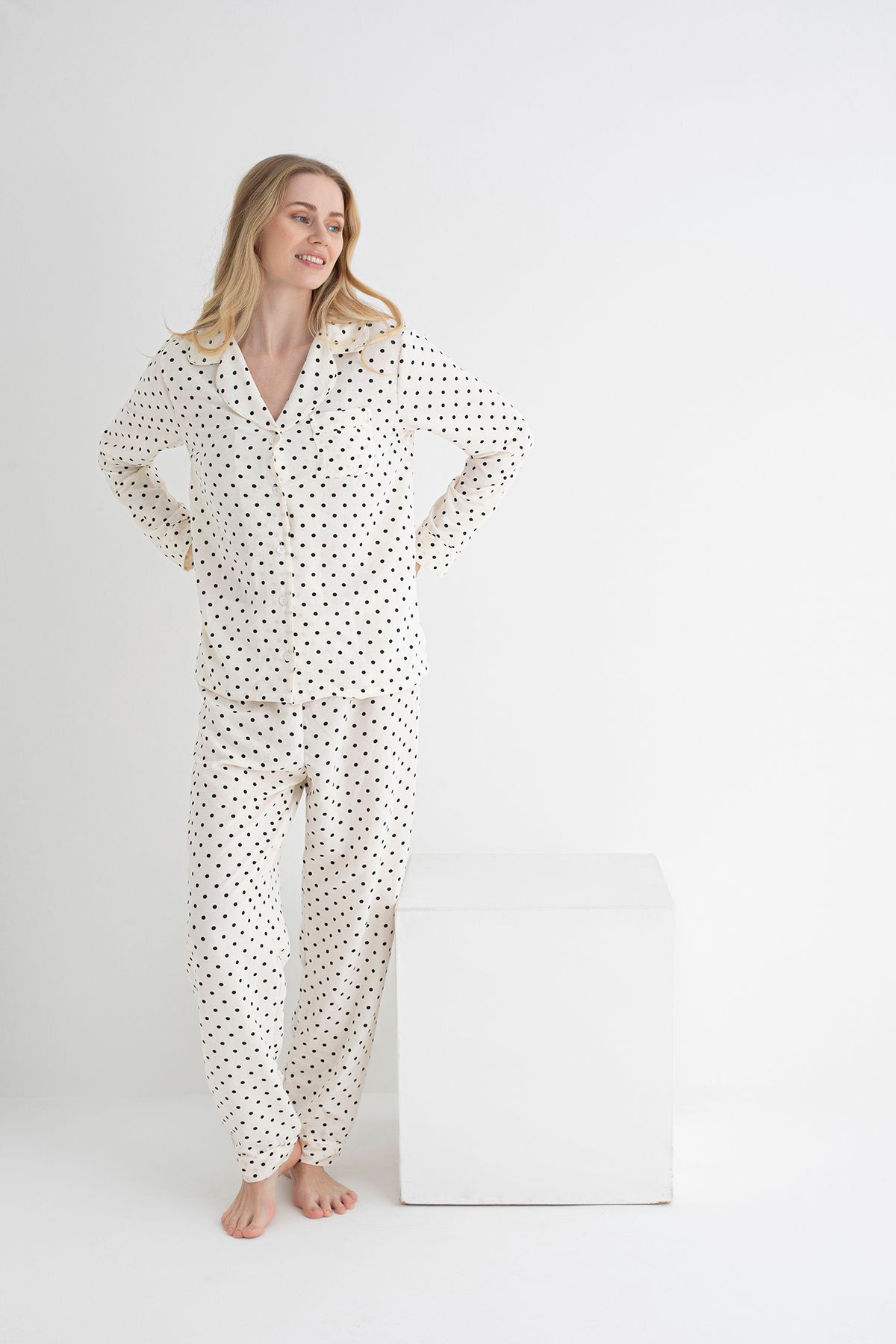 DOFİ-Dofi Women Ecru Polka Dot Pajamas Set Long Sleeve, Button, Aerobin Fabric 3