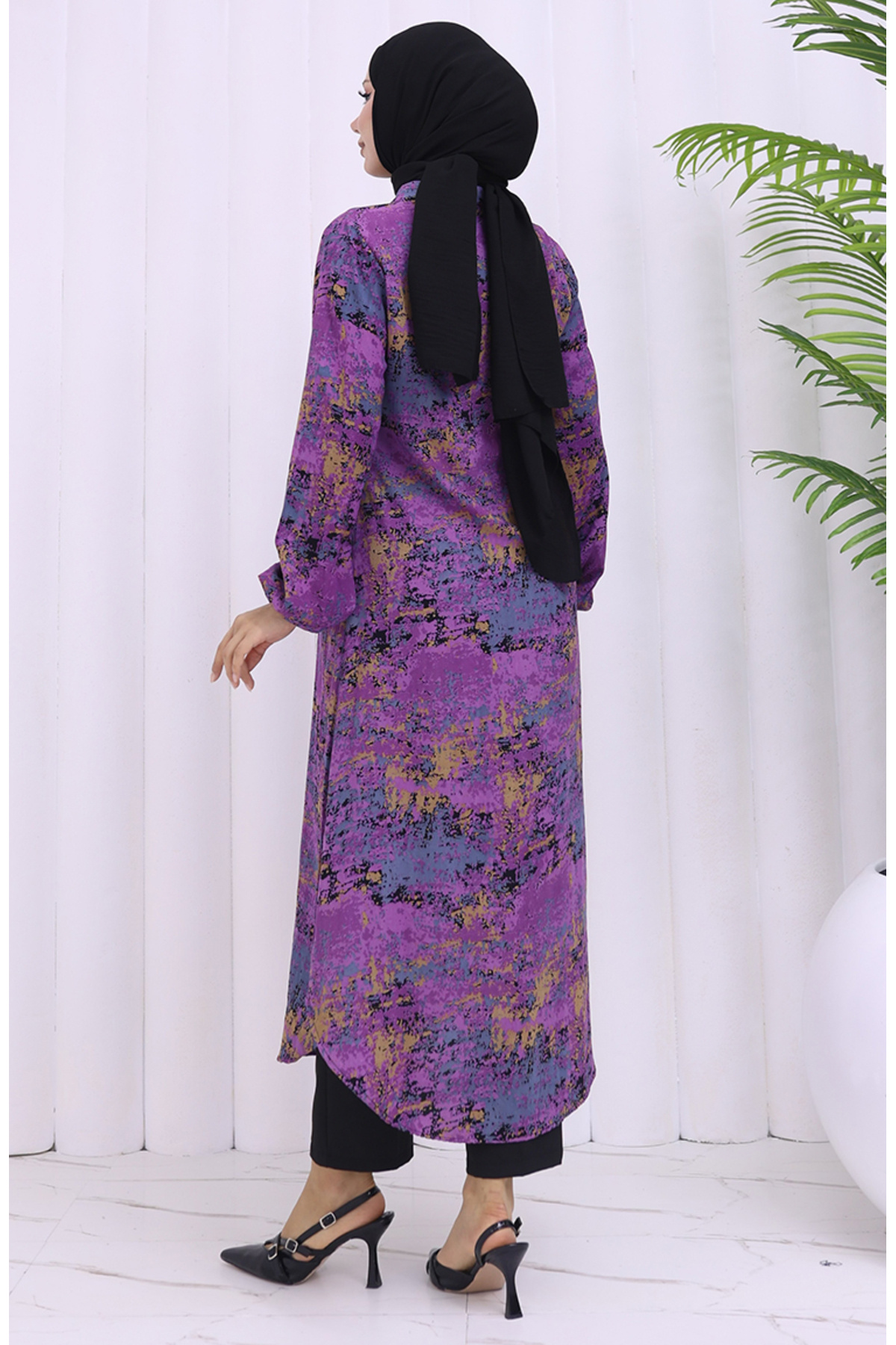 sefamerve-Viscose Fabric Buttoned Long Tunic 2028-01 Dusty Rose 5