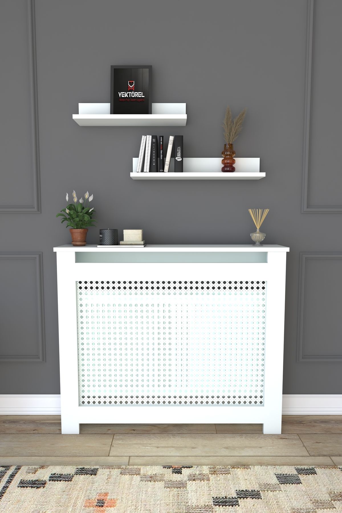 CAN Kalorifer Petek Kapama 120 Cm (İÇ ÖLÇÜSÜ) Hazeran Desenli Raflı Mdf Mat Beyaz
