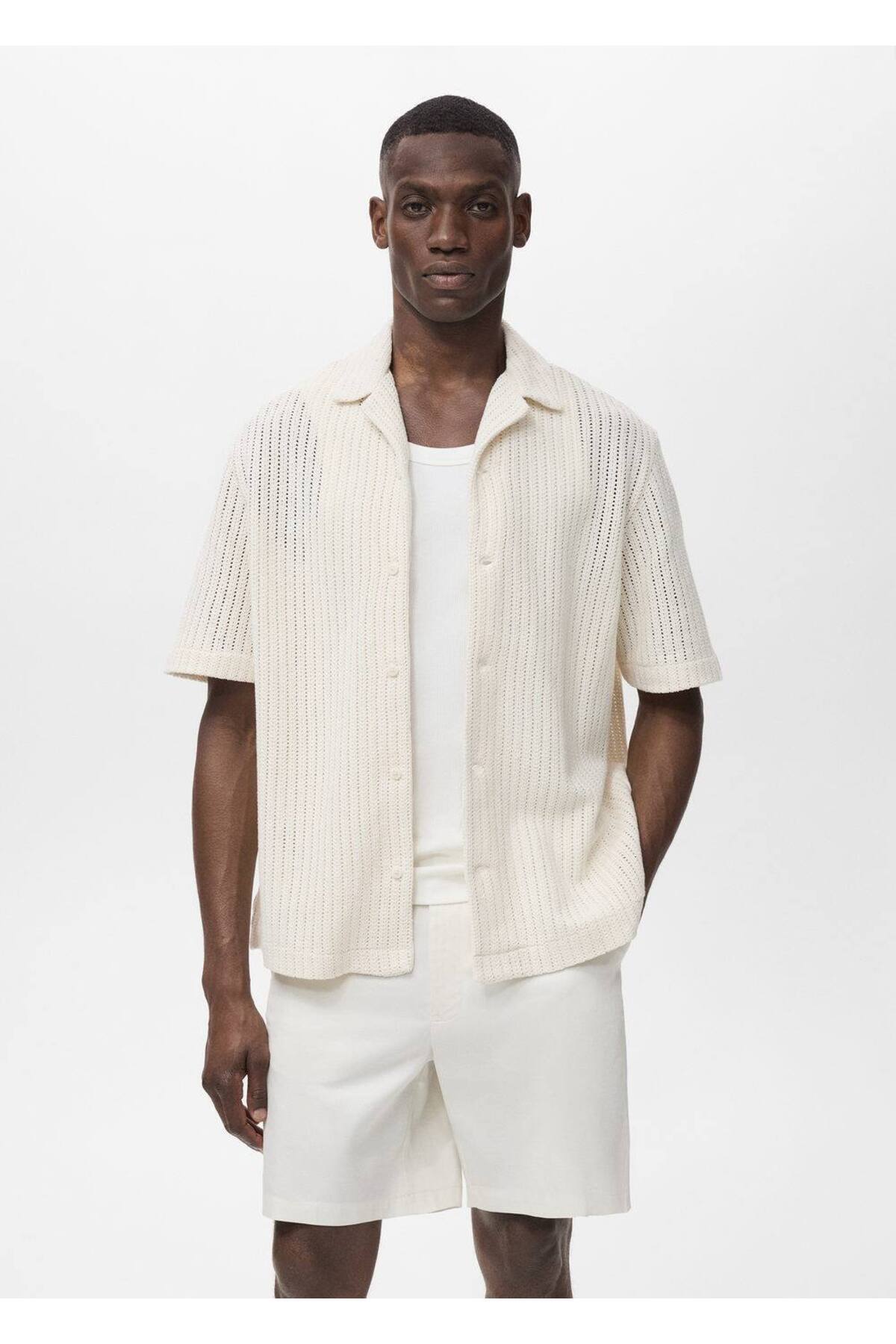 Regular kesim ajur örgü pamuklu gömlek