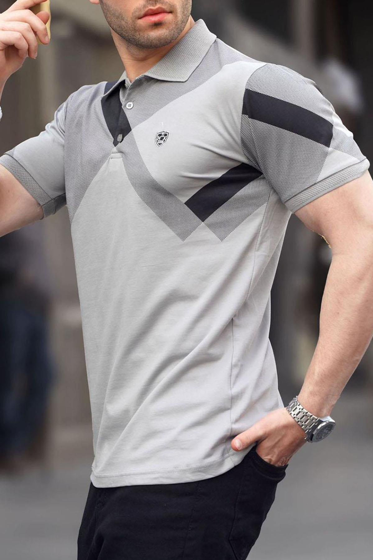 Madmext-Grau lackiertes gemustertes Herren-T-Shirt mit Polokragen 6081 3