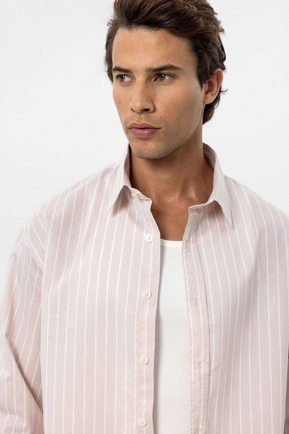 Antioch-Beige Oversize Striped Men's Shirt 5