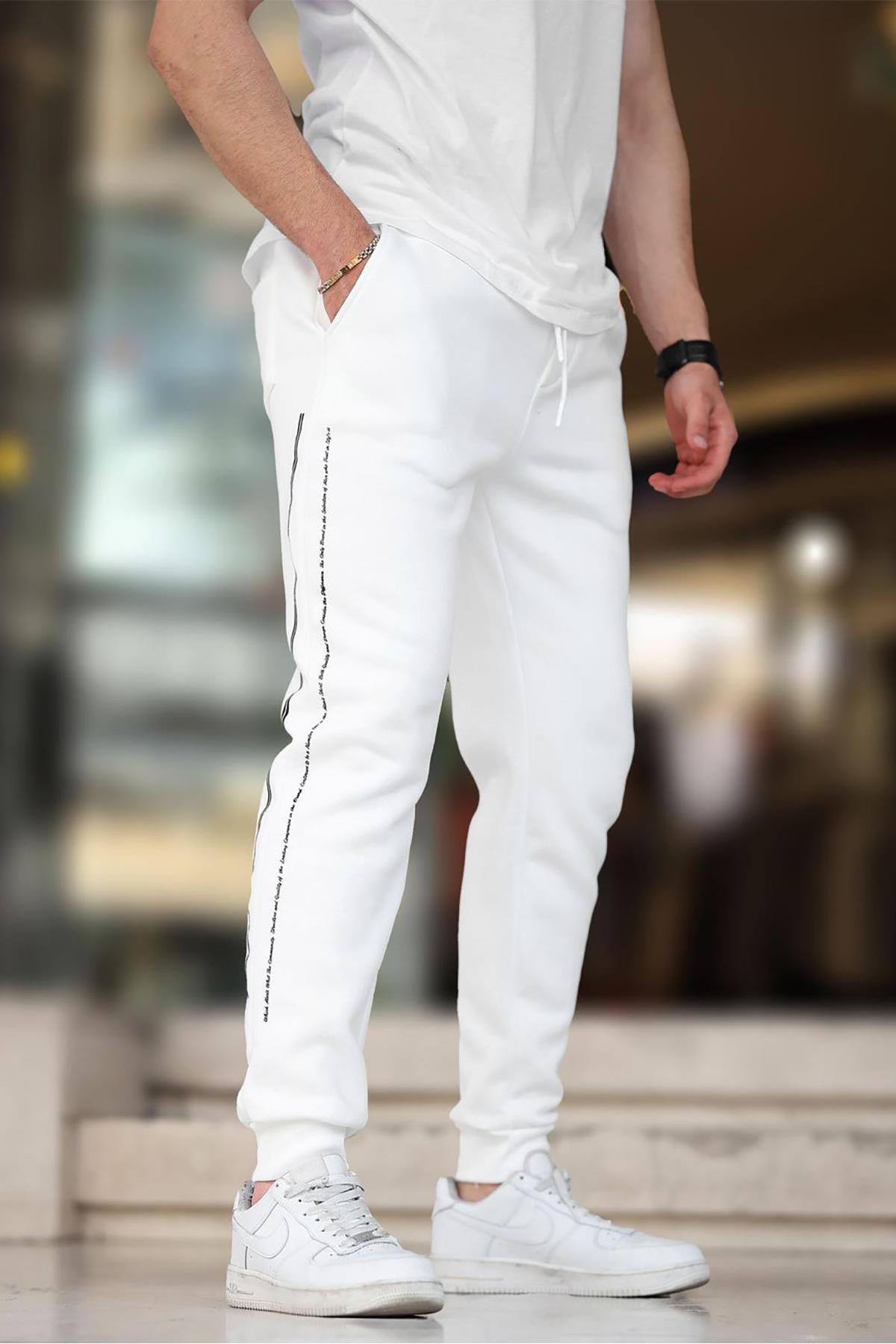 Madmext Ecru Men's Printed Sweatpants with Elastic Cuffs and Side