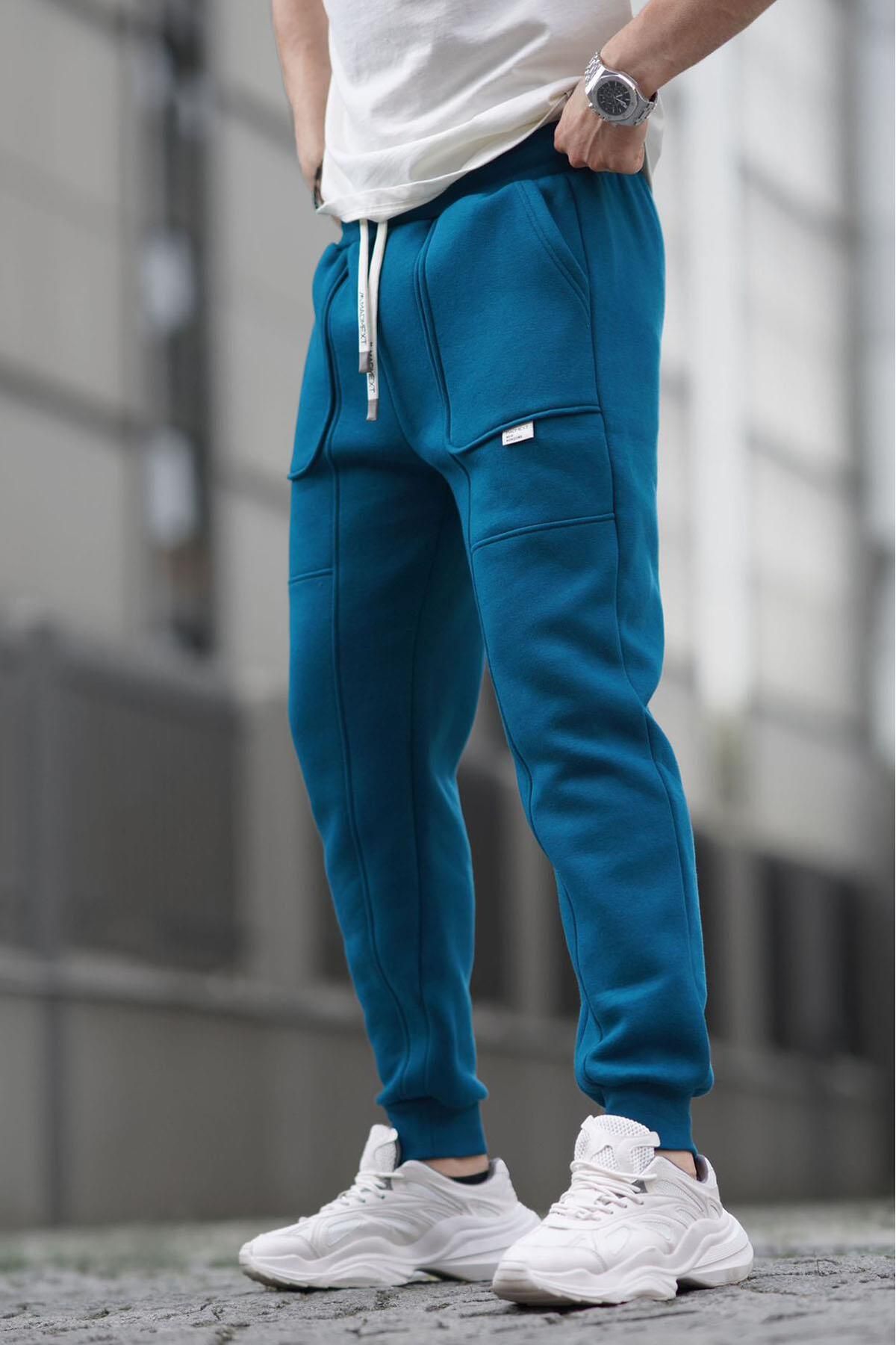 Madmext-Petrol Blue Cargo Pocket Basic Sweatpants 6527 2