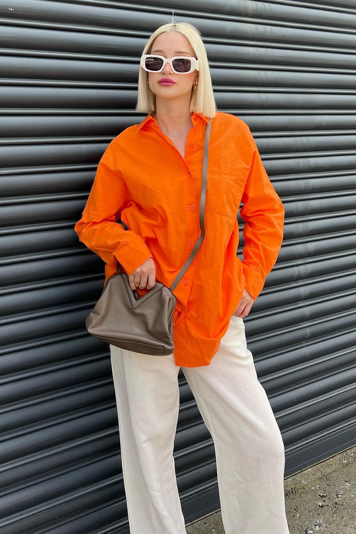 Madmext-Oranžová oversize Basic vrecková popelínová košeľa Mg1530 4