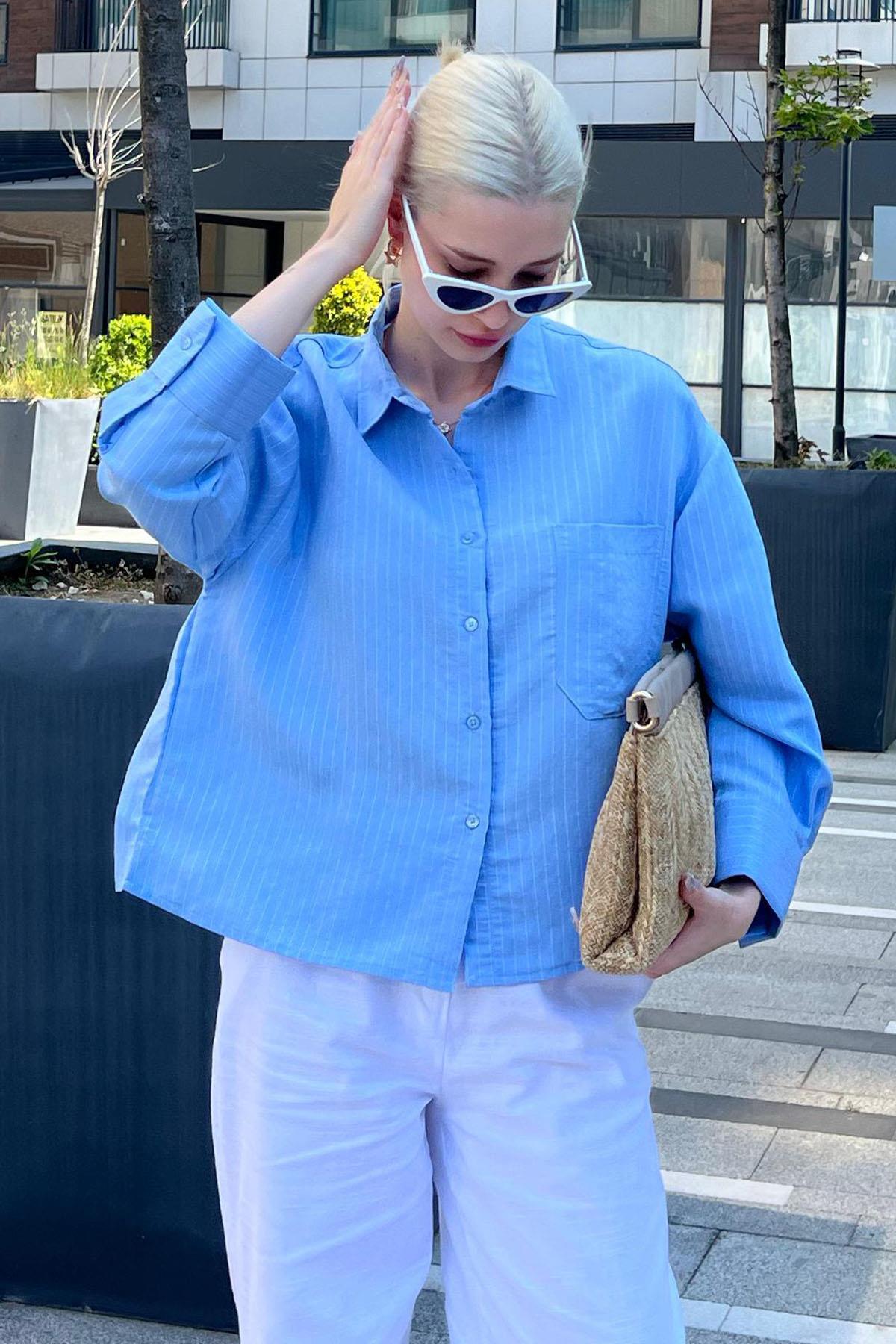 Madmext  Mavi Çizgili Oversize Kadın Gömlek MG2093 - Görsel 3