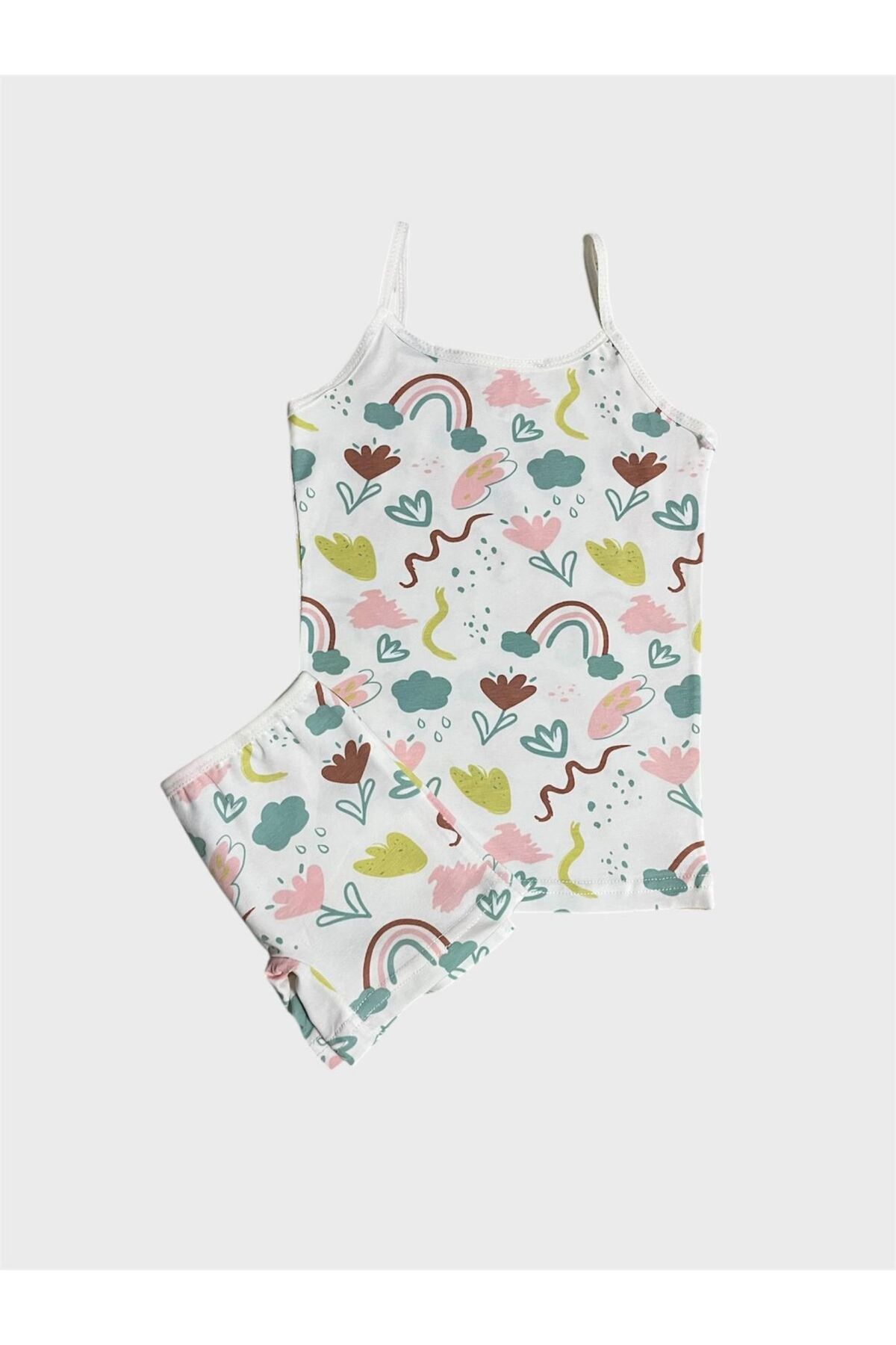 tusem butik homewear-Girl's 100% Cotton White Rainbow Flower Patterned Athlete Boxer Set 2