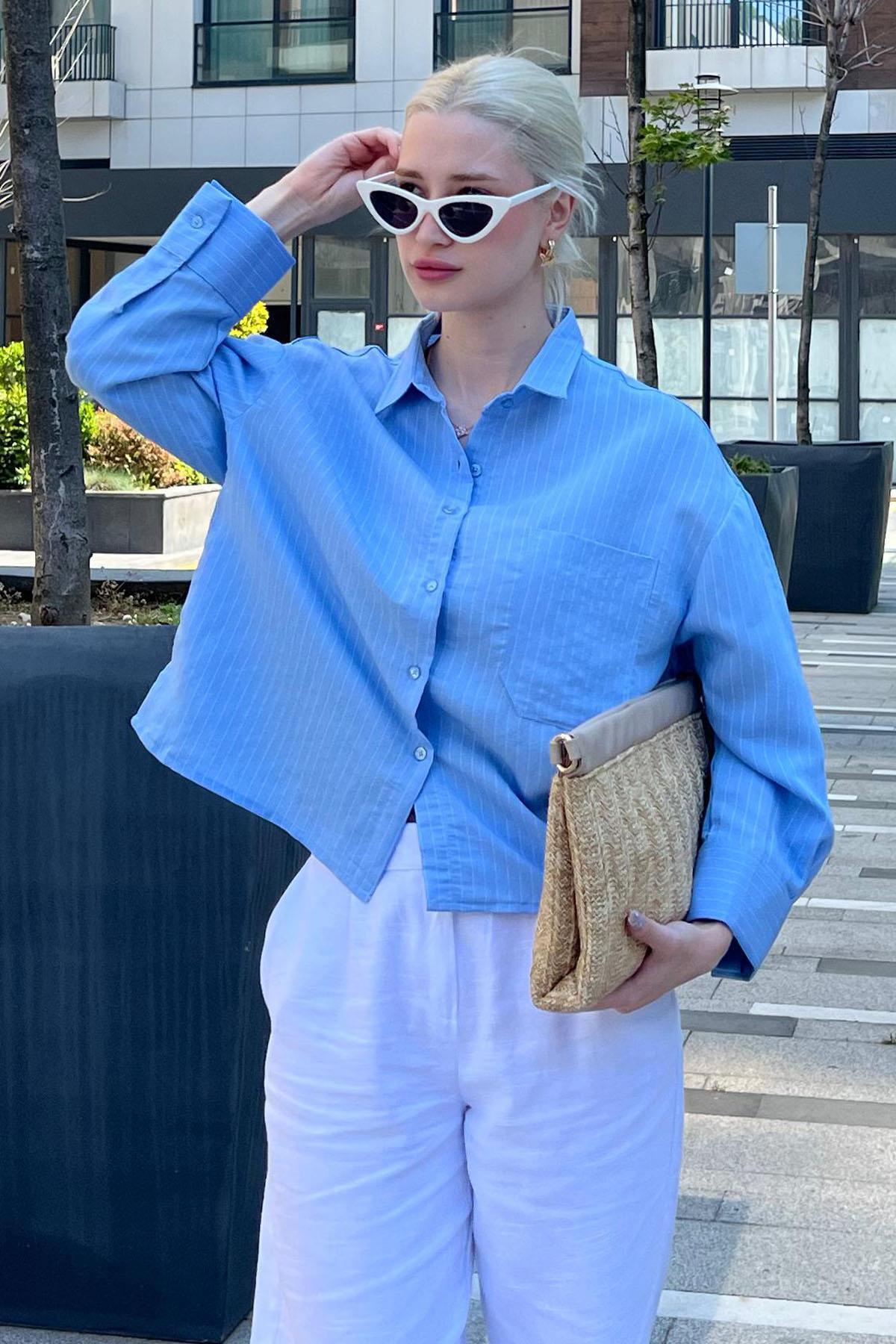 Madmext  Mavi Çizgili Oversize Kadın Gömlek MG2093 - Görsel 5